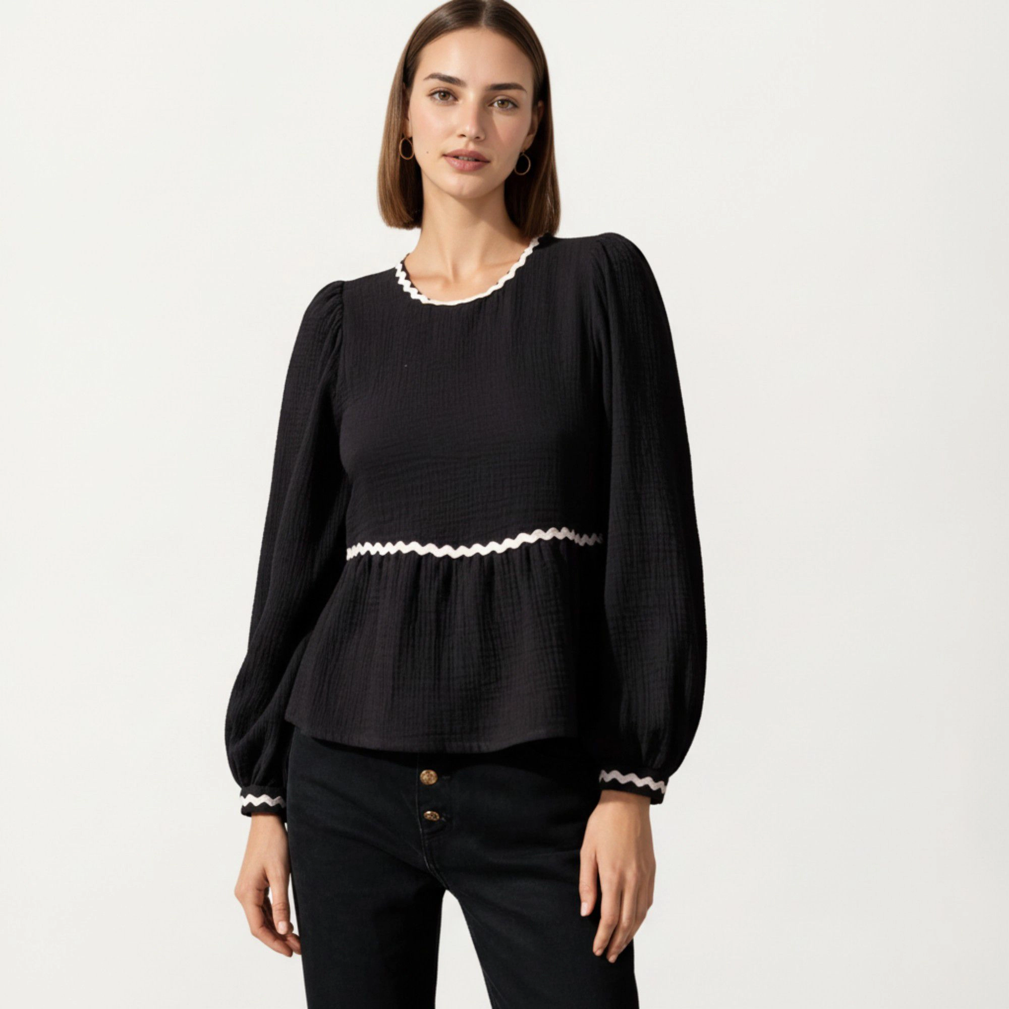 Anna-Kaci Women's Long Sleeve Textured Peplum Top with Contrast Trim Accents Statement Bow Detail