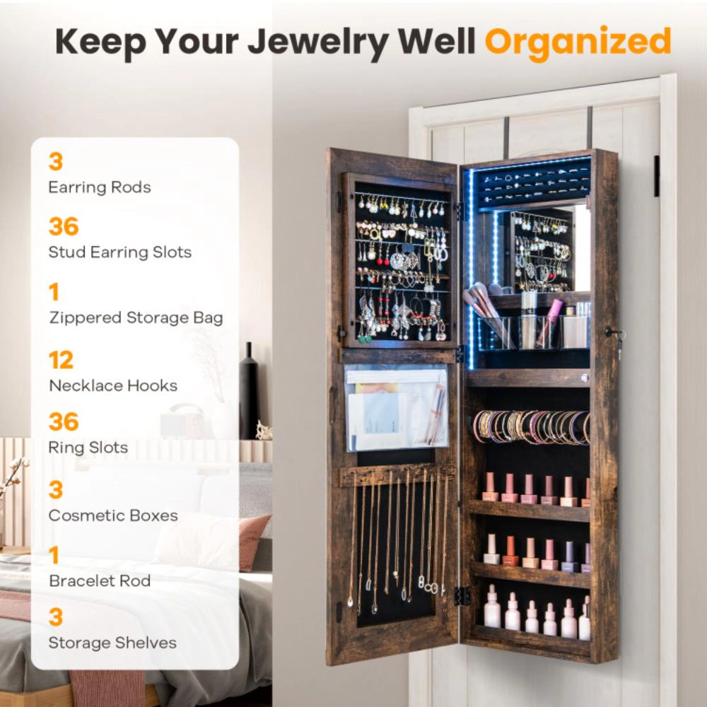 Hivvago Lockable Jewelry Mirror Cabinet with LED Lights