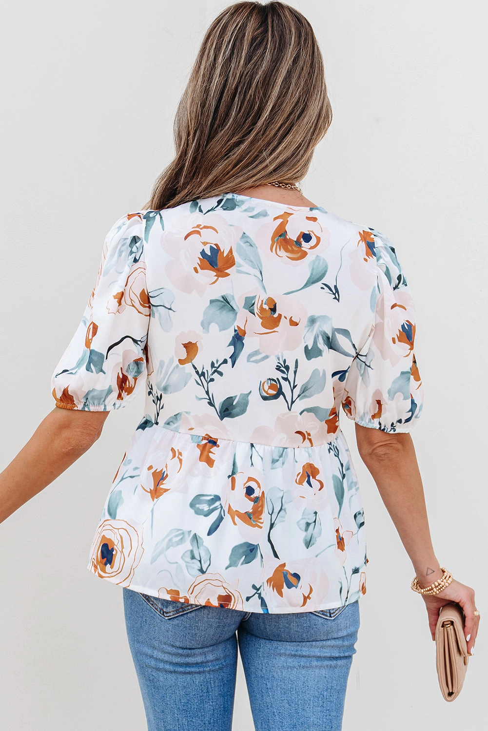 Threaded Pear Women's Salome Floral Puff Sleeve V Neck Babydoll Blouse