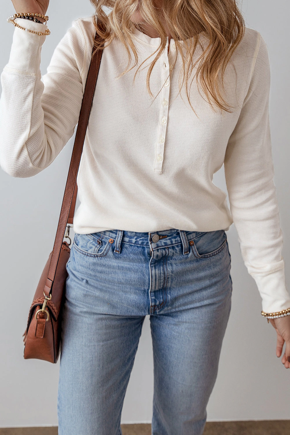 Threaded Pear Women's Teresa Color Waffle Half Long Sleeve Top