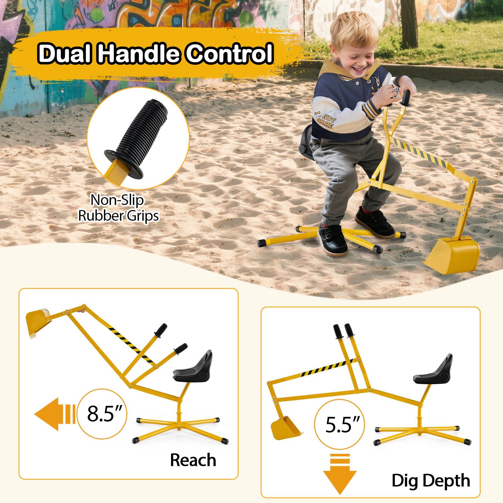 Kids Sand Digger Excavator Toy Criss-Cross Base 2-Handed Shovel Levers 360-Degree Seat 110-lb Limit Ages 3+ Yellow