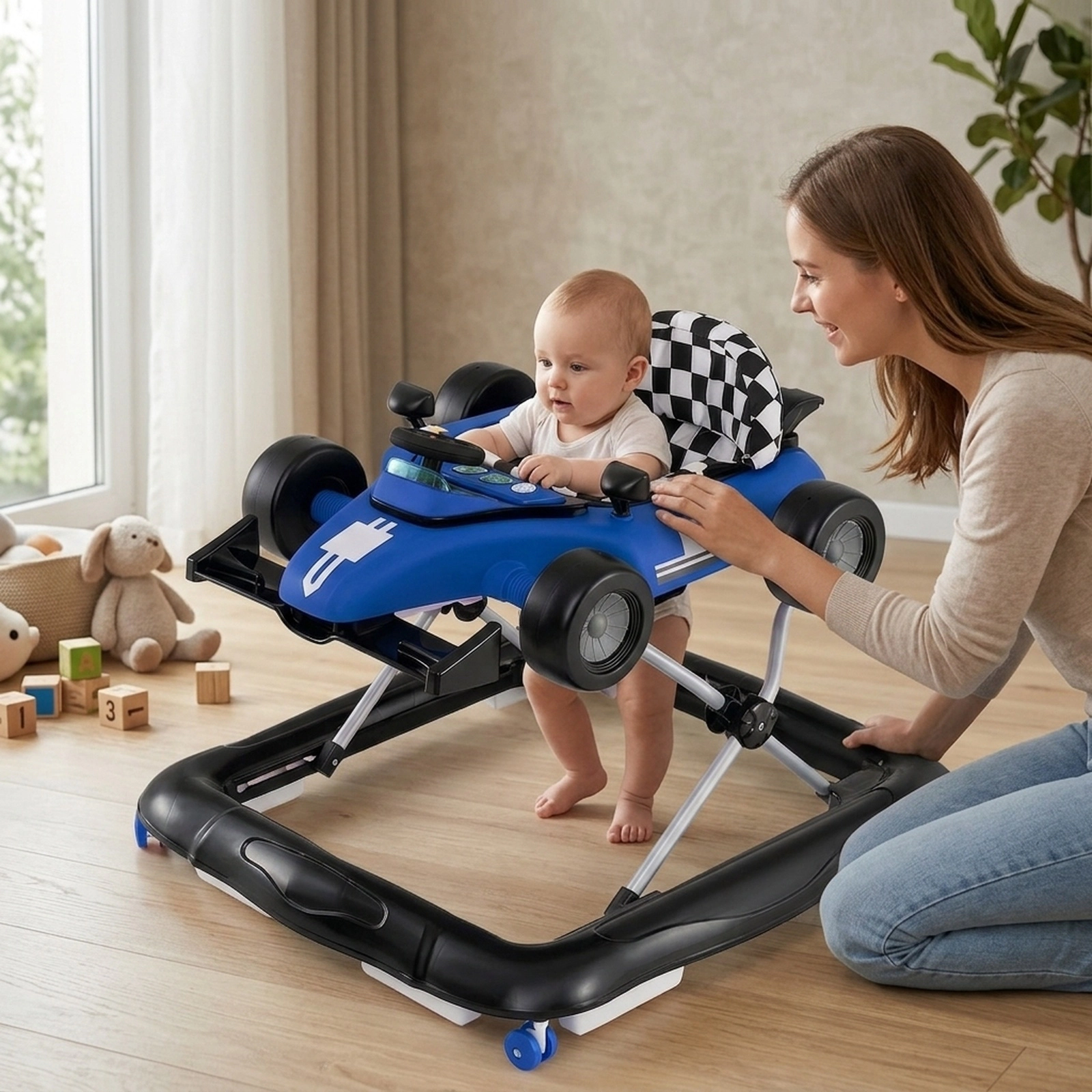 4-in-1 Baby Push Walker and Activity Center with Noise-Free Wheels Easy-Grip Handle Music Box and 3 Heights in Blue