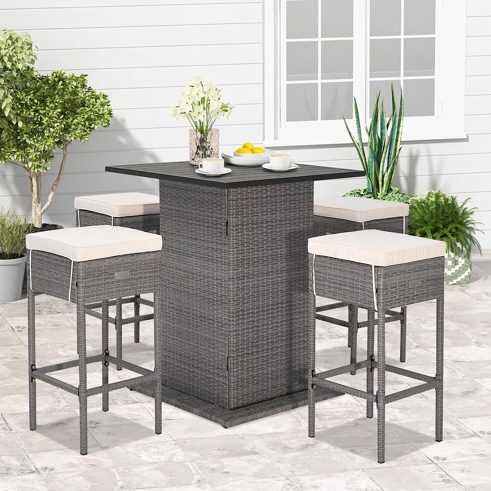 SUGIFT 5-Piece Gray Outdoor Wicker Bar Set, 40.5-in Table, Hidden Storage, 4 Cushioned Stools