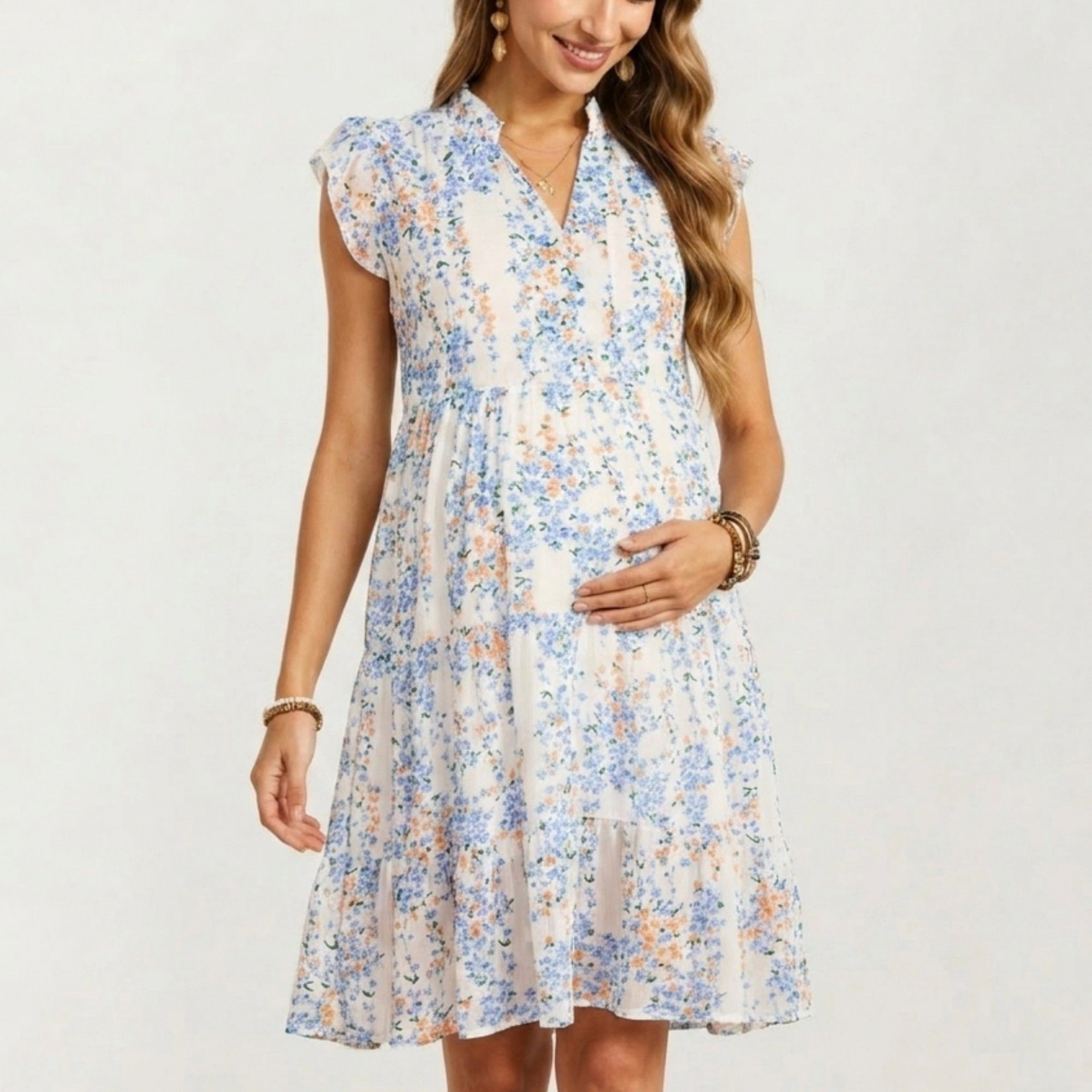 Anna-Kaci Women's Floral Print Flutter Sleeve Tiered Skirt Maternity Dress