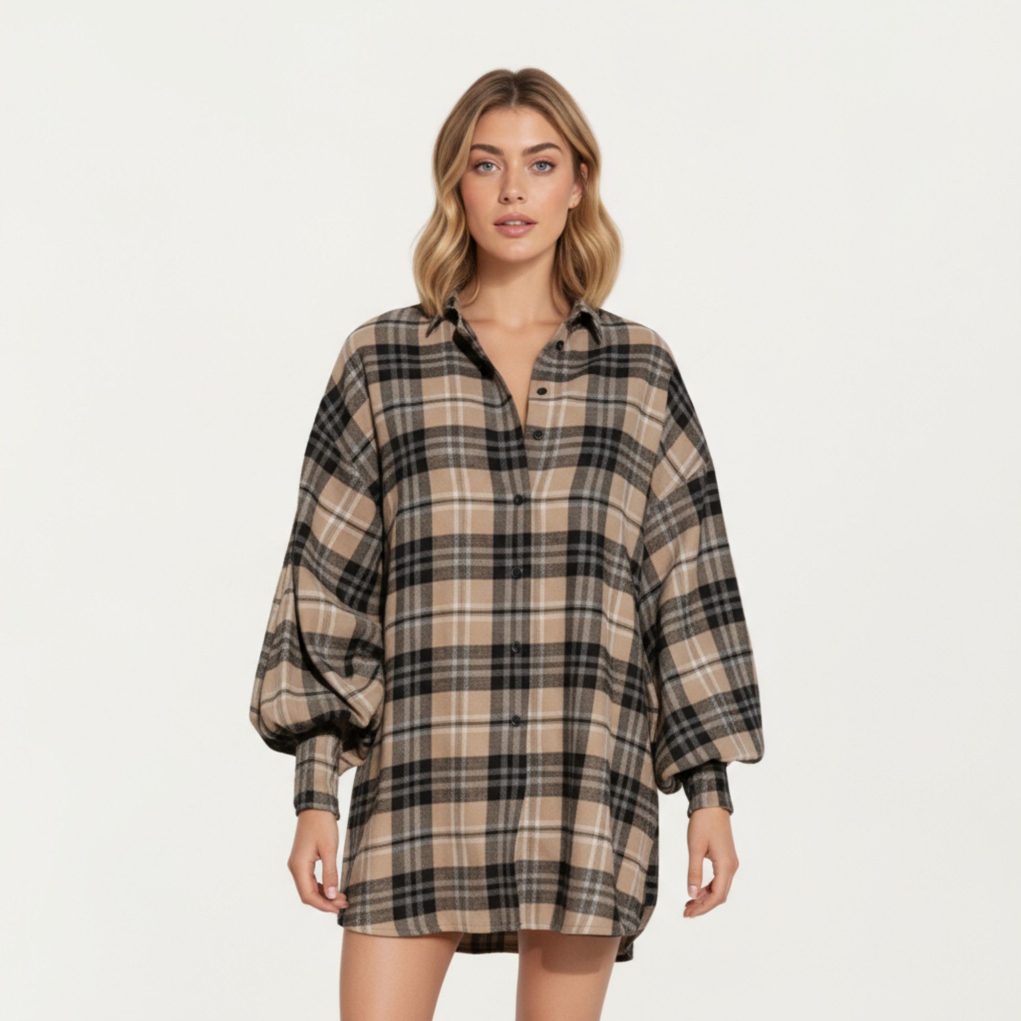 Anna-Kaci Women's Oversized Plaid Long Balloon Sleeves Button Front Collar Detail Shirt Dress