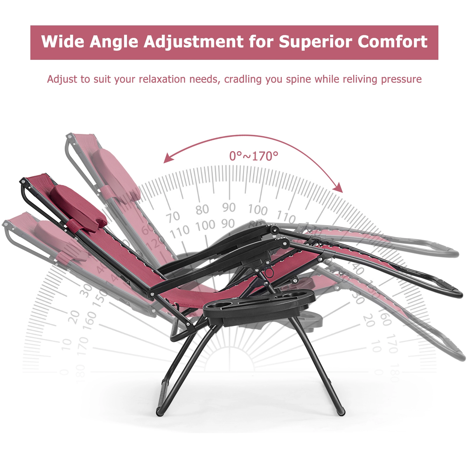 SUGIFT Folding Recliner Lounge Chair Adjustable Shade Canopy & Cup Holder 250-lb Capacity Dark Red Fabric Black Frame