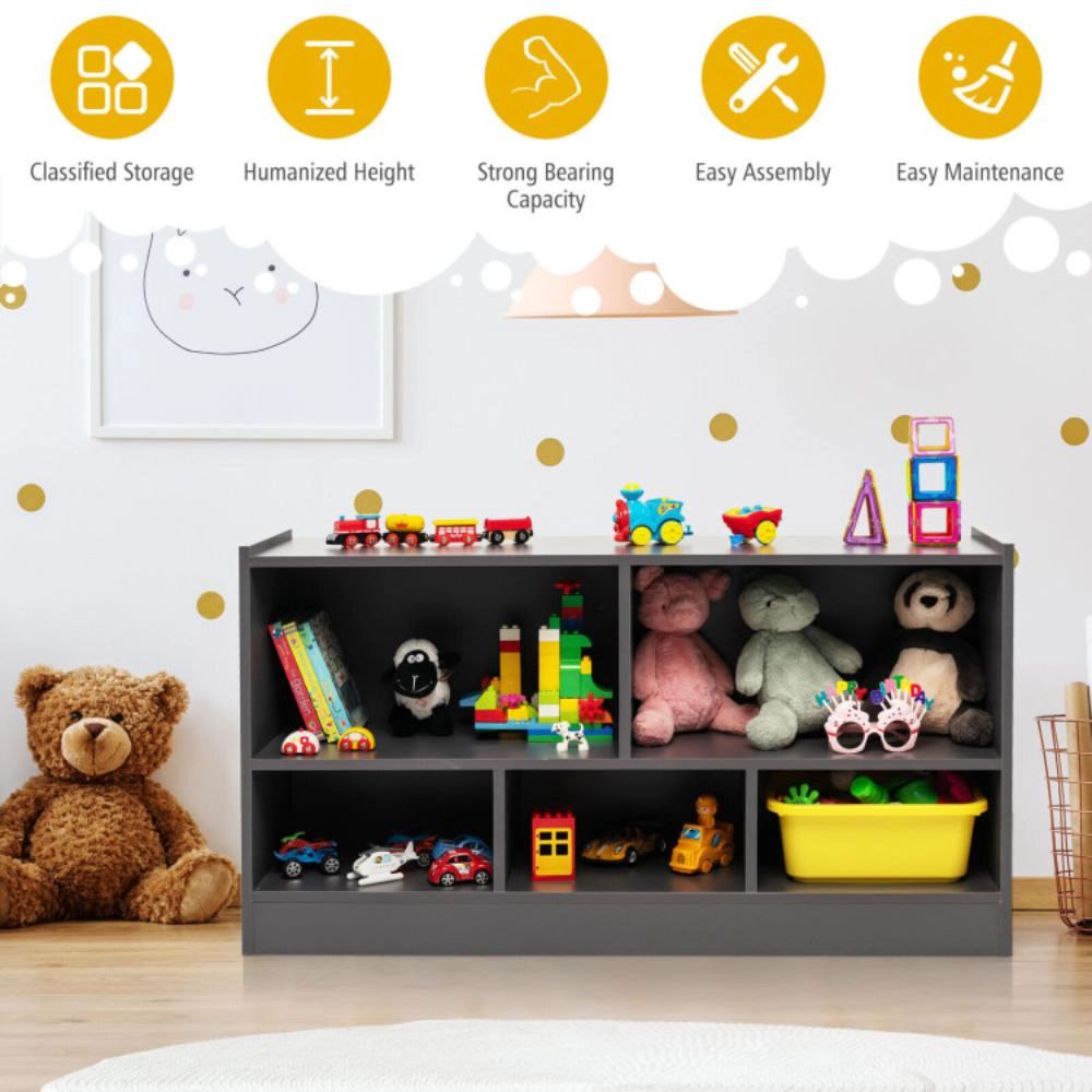 Hivvago Kids 2-Shelf Bookcase 5-Cube Wood Toy Storage Cabinet Organizer