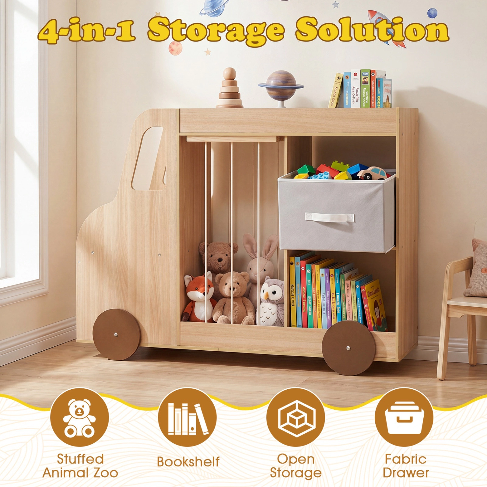 SUGIFT Natural 35-lb Shelf Car-Shaped Kids Toy Storage Organizer with Elastic Rope Stuffed Animal Storage