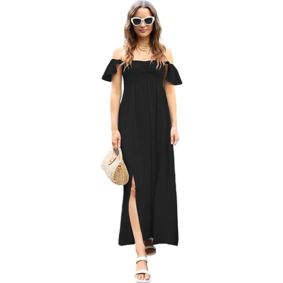 Anna-Kaci Women's Flutter Sleeve Shirred Smocked Bodice Maxi Dress with Front Slits