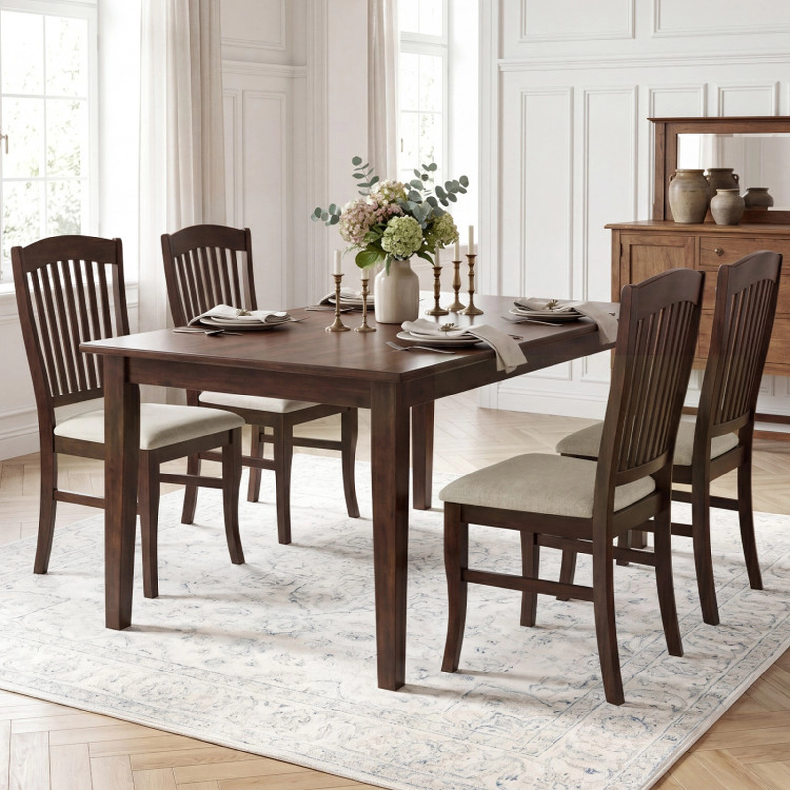 SUGIFT Set of 4 Kitchen Side Chairs with Rubber Wood Frame & Comfy Padded PU Leather Seat 400-lb Capacity Brown & White