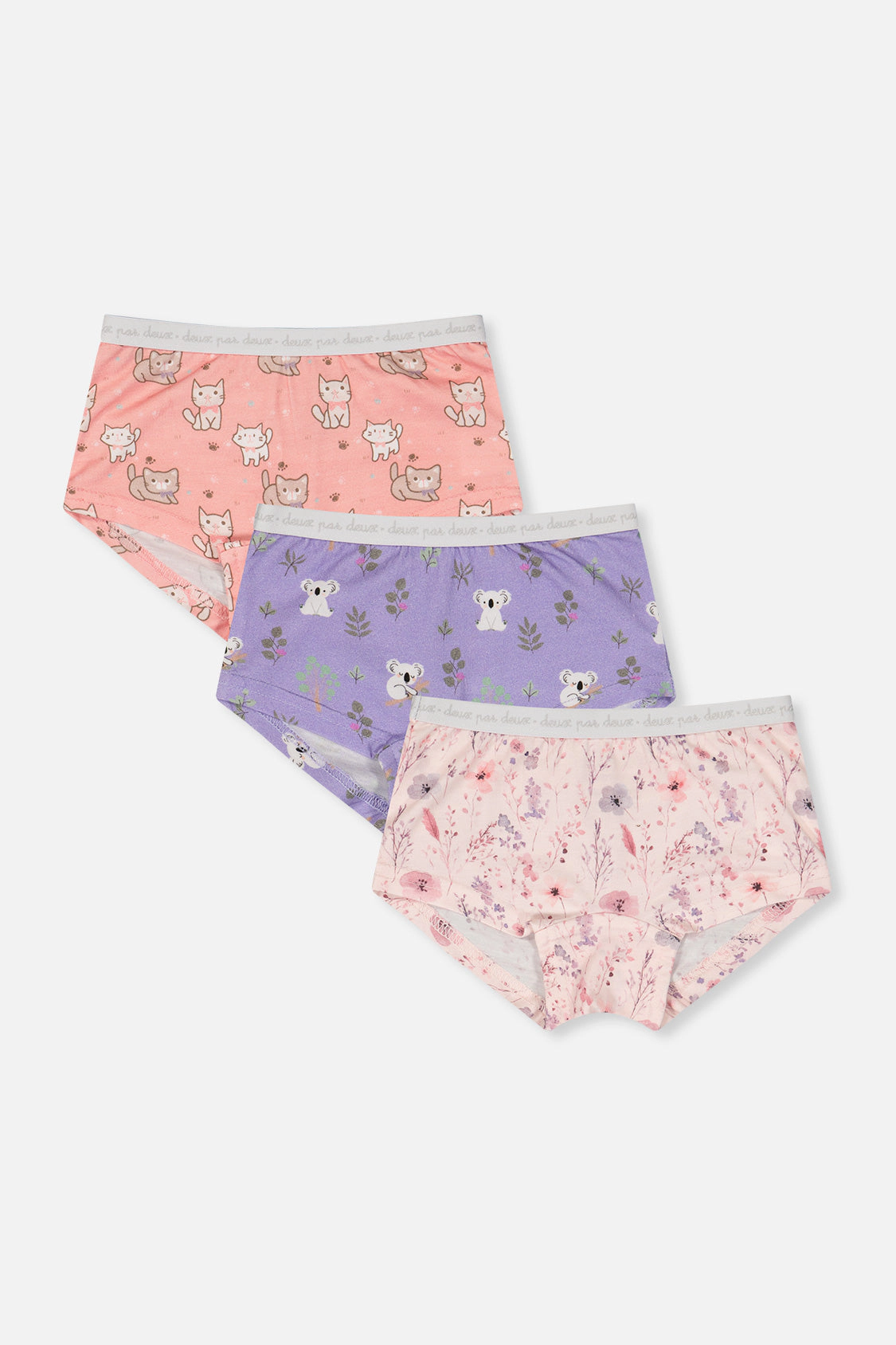 Deux par Girls Cat, Floral and Koala Print Boyshort Panty Pack of 3 with Elastic Waistbands