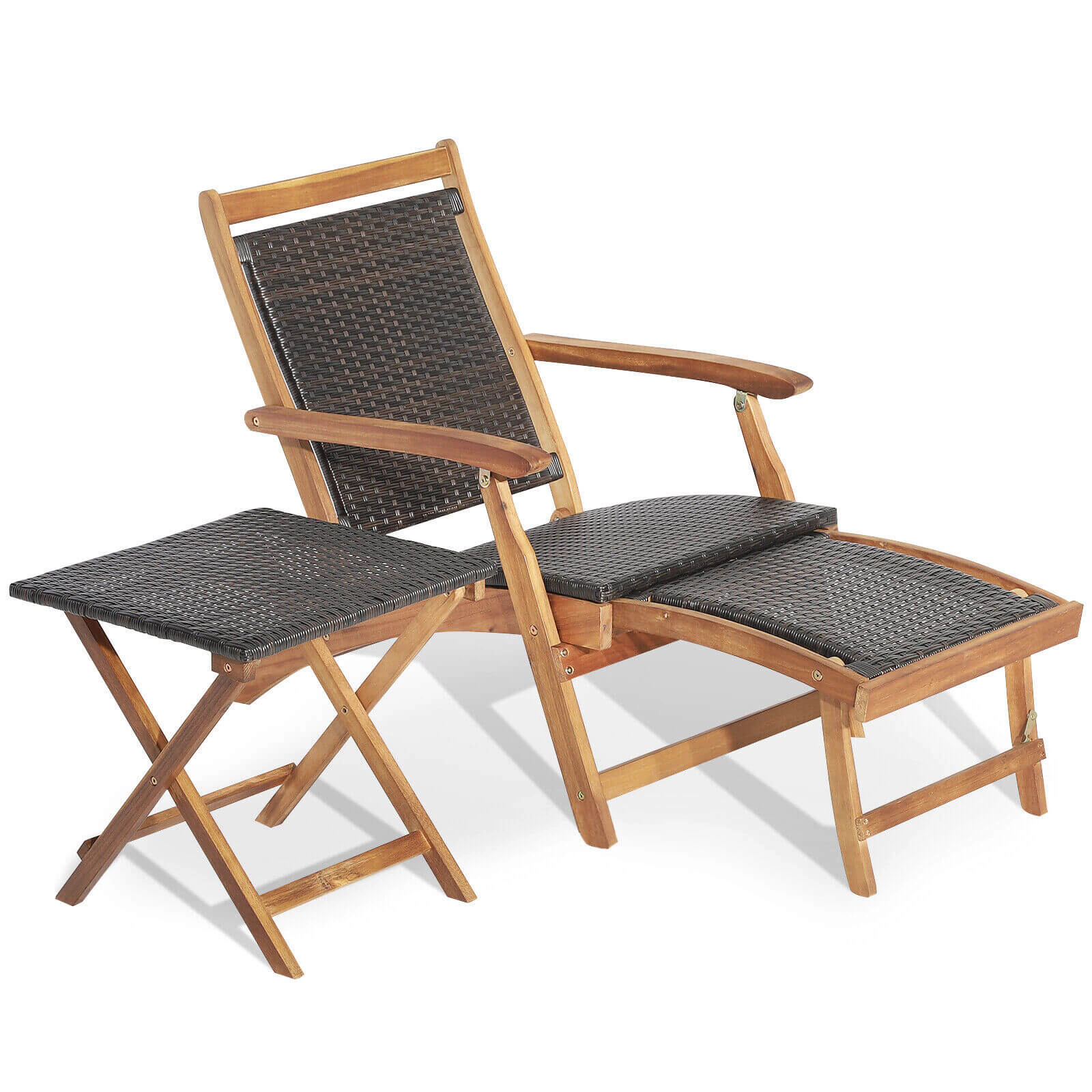 Hivvago 2 Pieces Patio Rattan Folding Lounge Chair with Acacia Wood Table