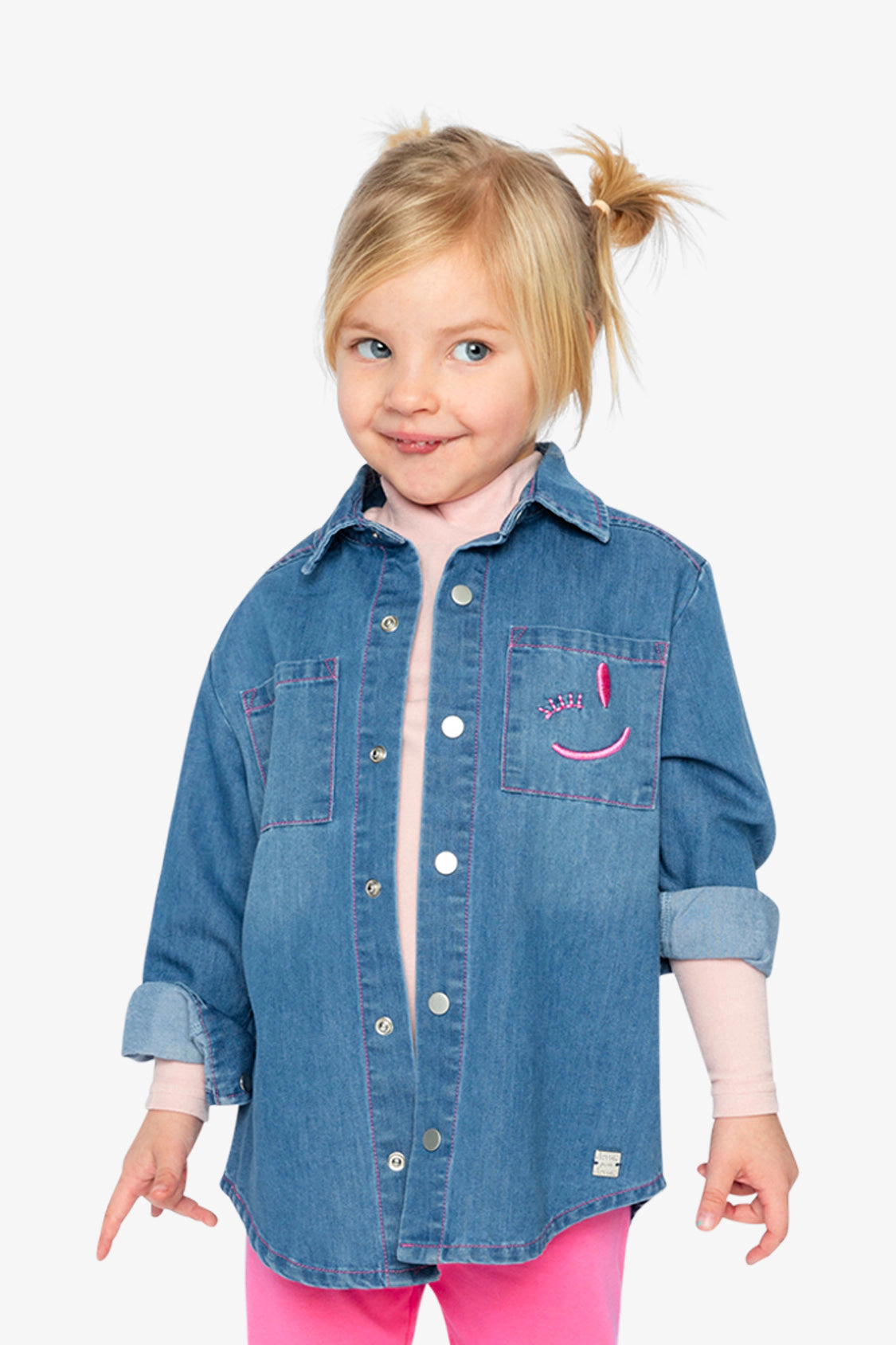Deux par Girls Smiley Graphic Snap-Front Denim Shirt