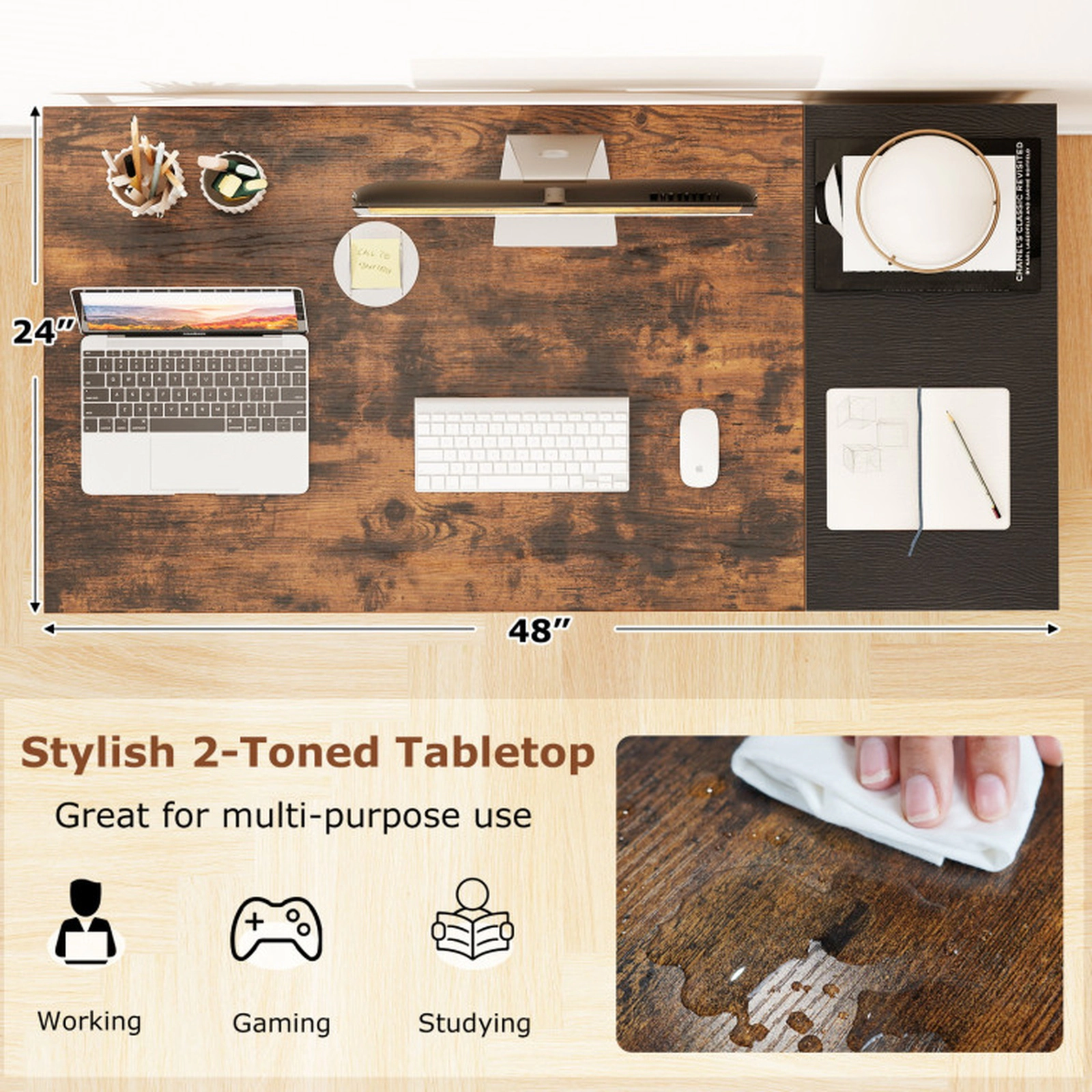 SUGIFT Industrial Computer Desk 2 Folding Fabric Drawers & Open Shelf 110-Lb Tabletop Capacity Rustic Brown Black Gray