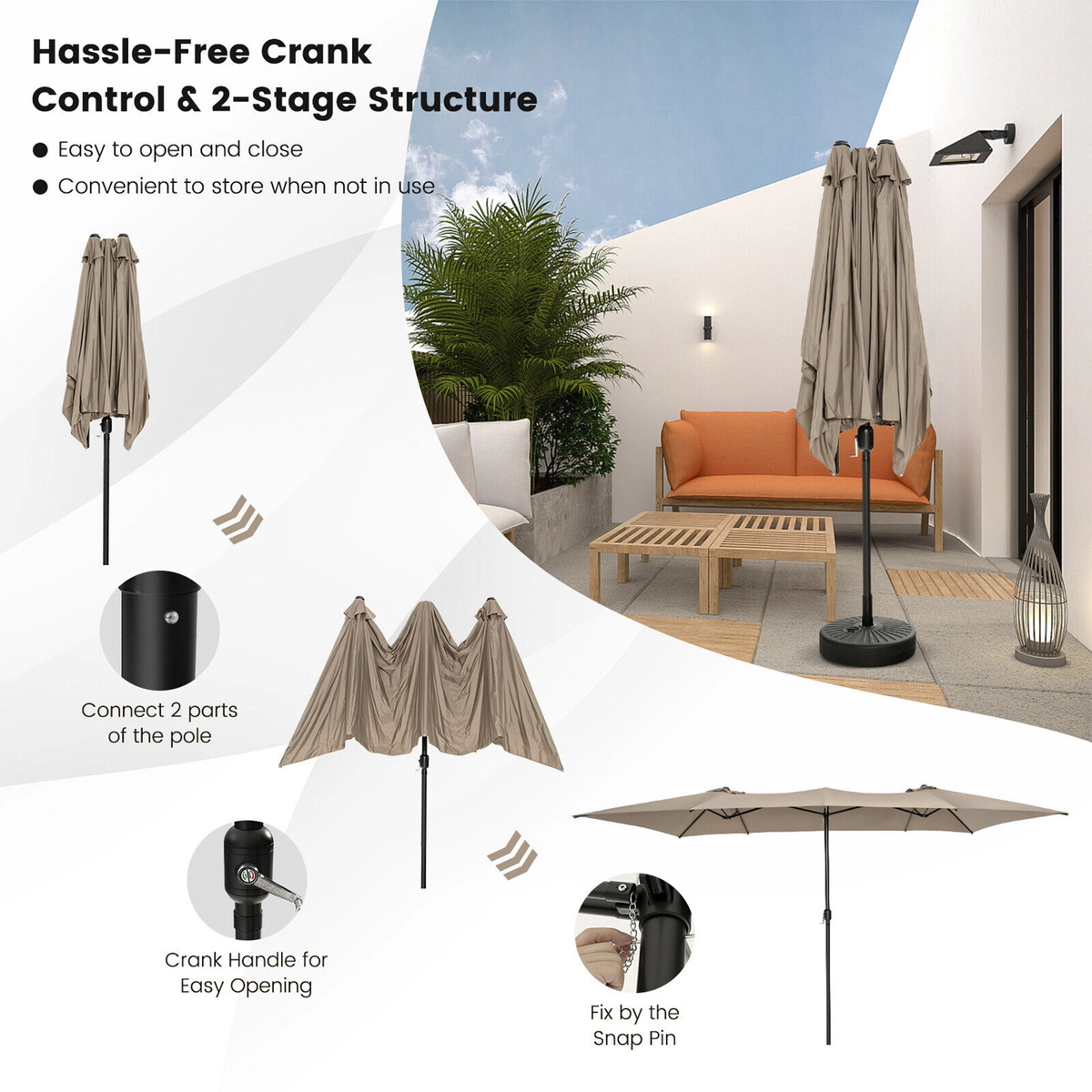 SUGIFT 15-ft Double-Sized Patio Umbrella with Crank Handle, Vented Tops and 10-Rib Metal Frame 15 x 9 x 8.6 in Brown
