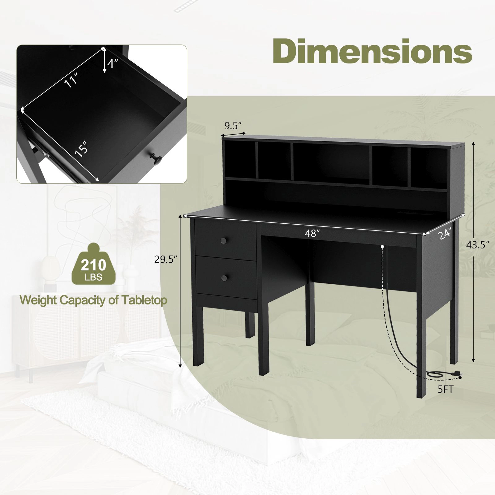 SlickBlue 48 Inch Computer Desk with Charging Station and Drawers