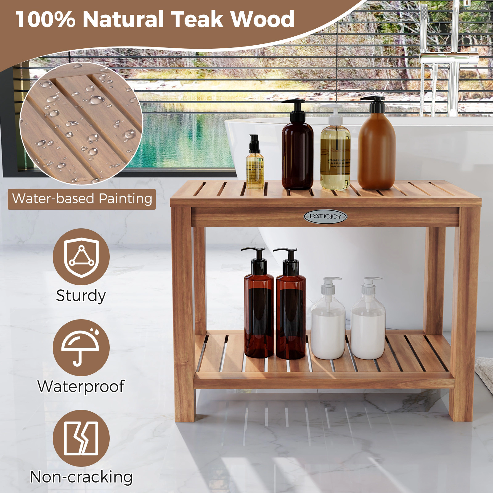 SUGIFT 24-in 330-lb Capacity 2-Tier Natural Teak Wood Shower Bench Stool with Slatted Seat and Storage Shelf