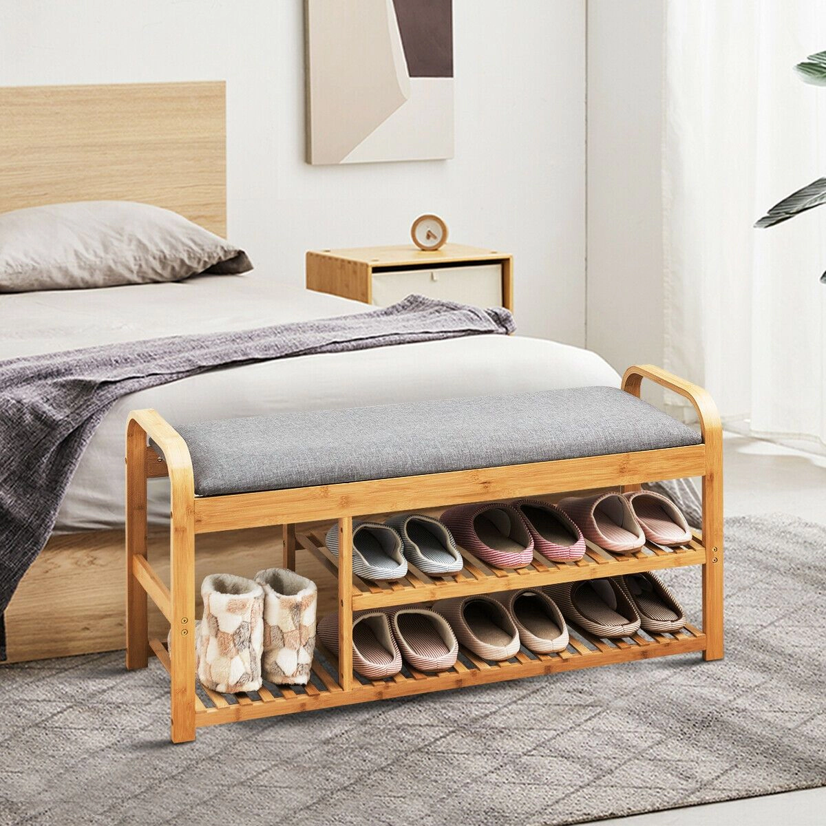 SlickBlue 3-Tier Wicker Shoe Storage Bench with Padded Seat