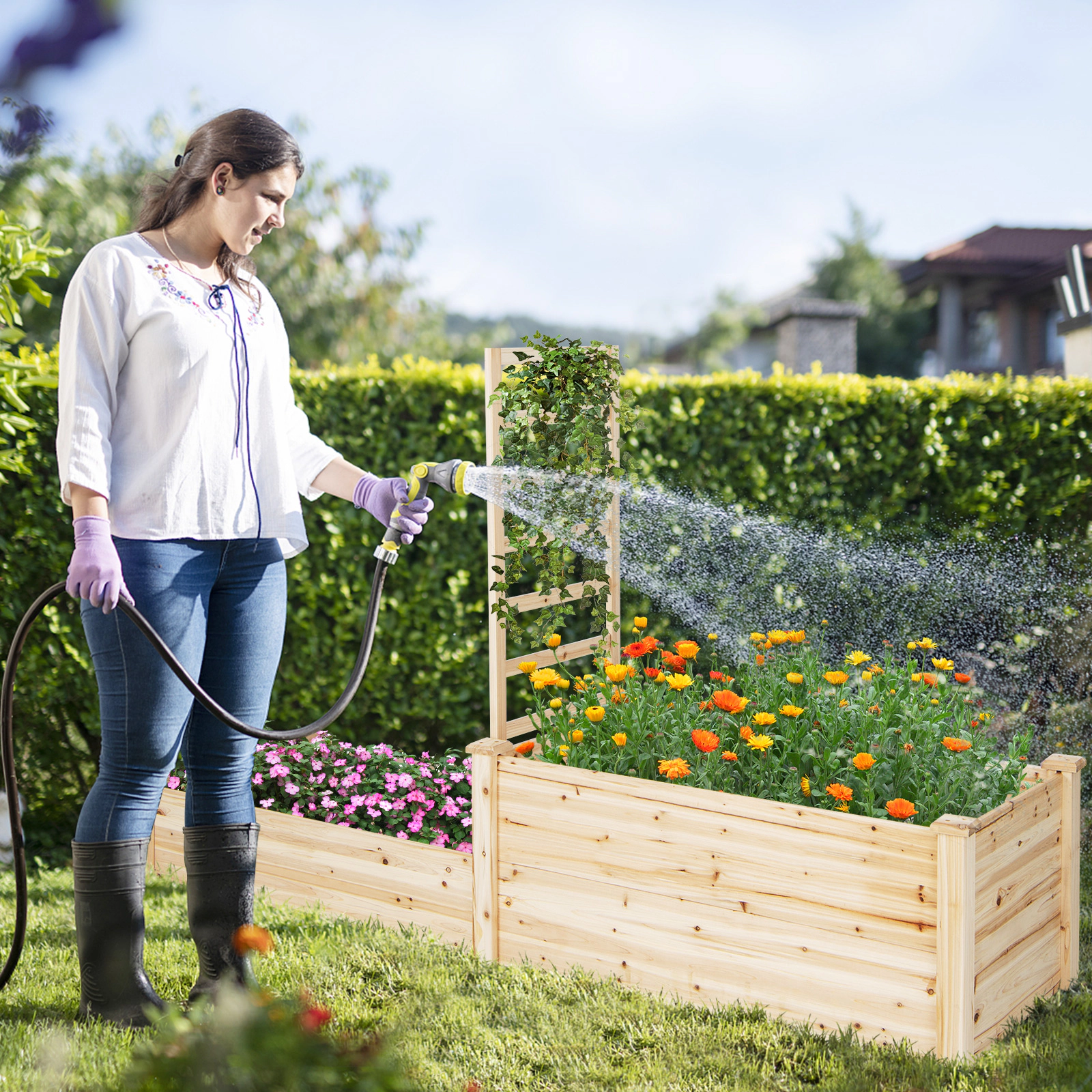 SlickBlue 2 Tier Raised Garden Bed with Trellis for Climbing Plants