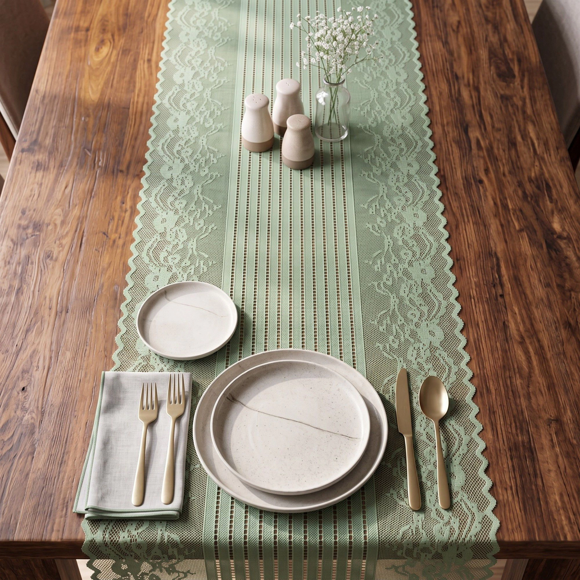 Alilang Women Floral Lace Table Runner with Scalloped Edges and Pom Trim 17.7x47in