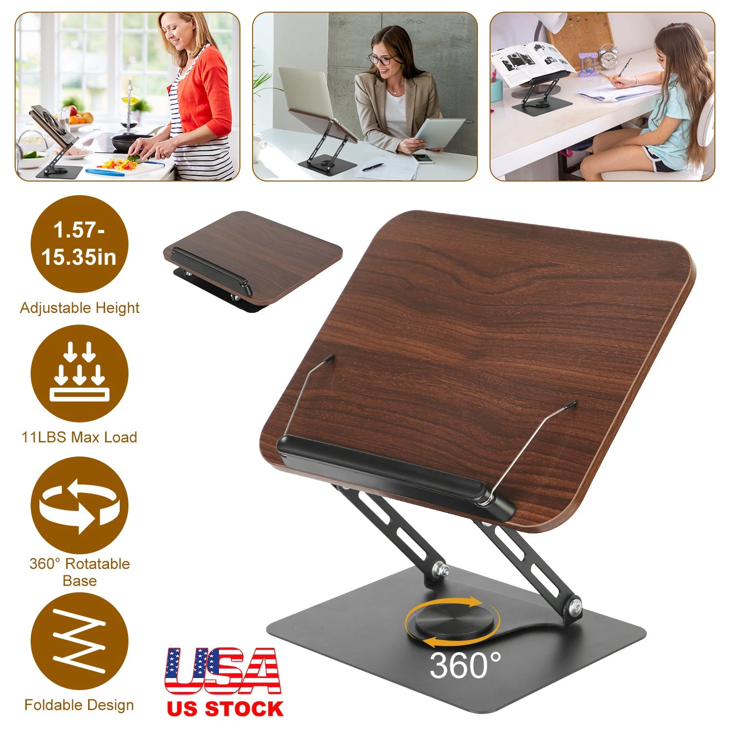 GBruno Adjustable Wood Book Stand With 360° Base