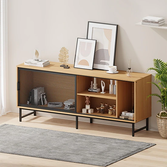 BebreezChic 63 Inch Modern Industrial TV Stand for Living Room for TV up to 70"–Metal Mesh Sliding Doors