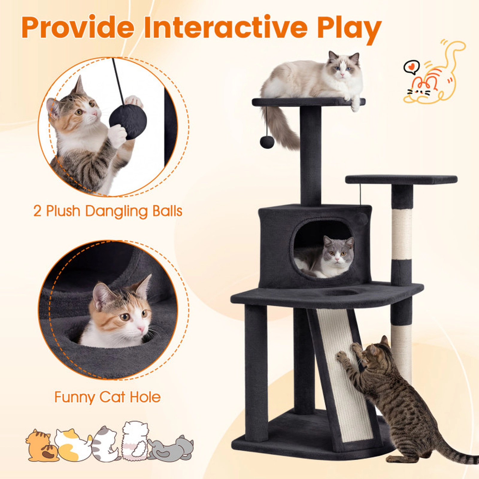 SUGIFT 44-in Tall Dark Gray Cat Tree Tower with Condo 2 Plush Perches Sisal Posts Ramp and Hanging Balls