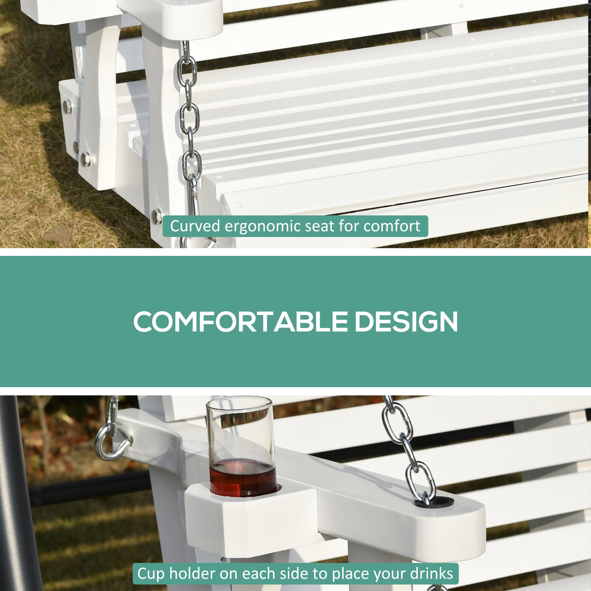 HONGGE 46" 2-Person Wooden Porch Swing Bench with Cup Holders, Slatted Design, Chains, 440lb Capacity