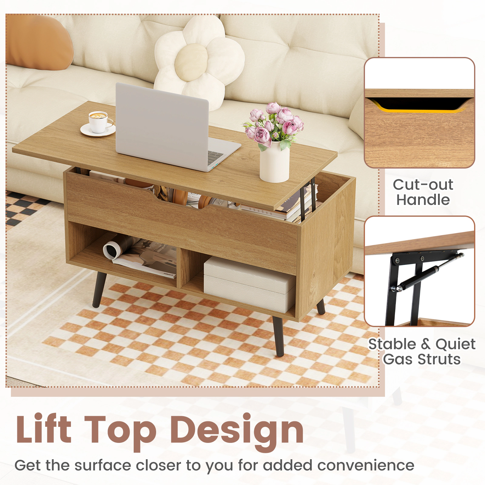 Glintex 31.5-Inch Lift-Top Coffee Table with Hidden Compartment and Shelves