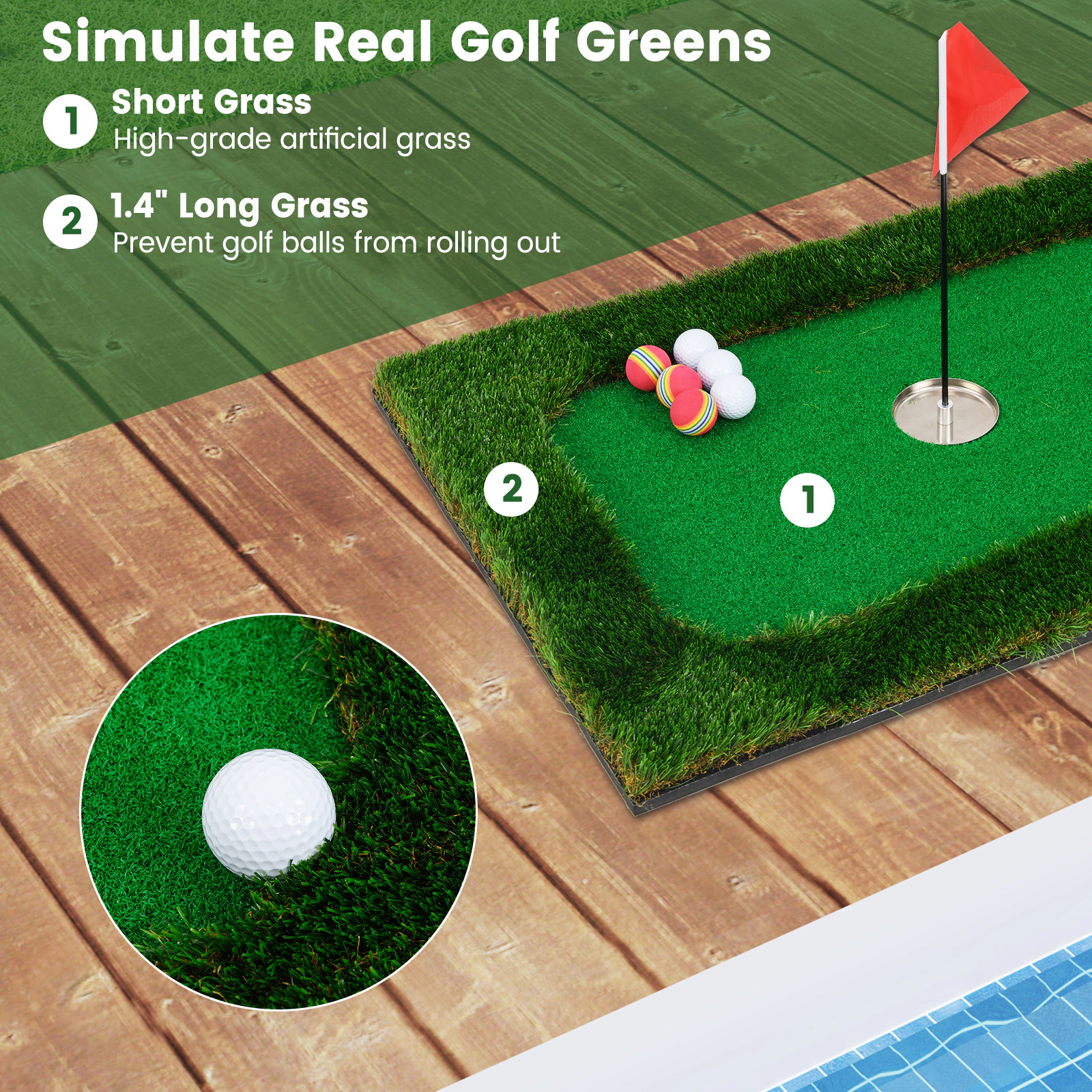 LJG Floating Golf Green for Pool with 6 Golf Balls and Golf Flag