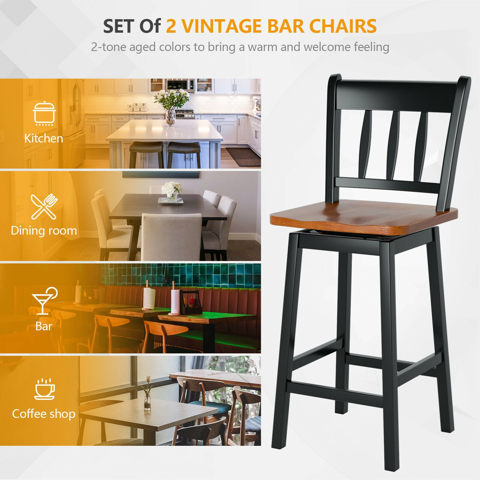 Glintex 2-Piece 24.5-Inch Swivel Counter Stool Set with Hollow Wood Back