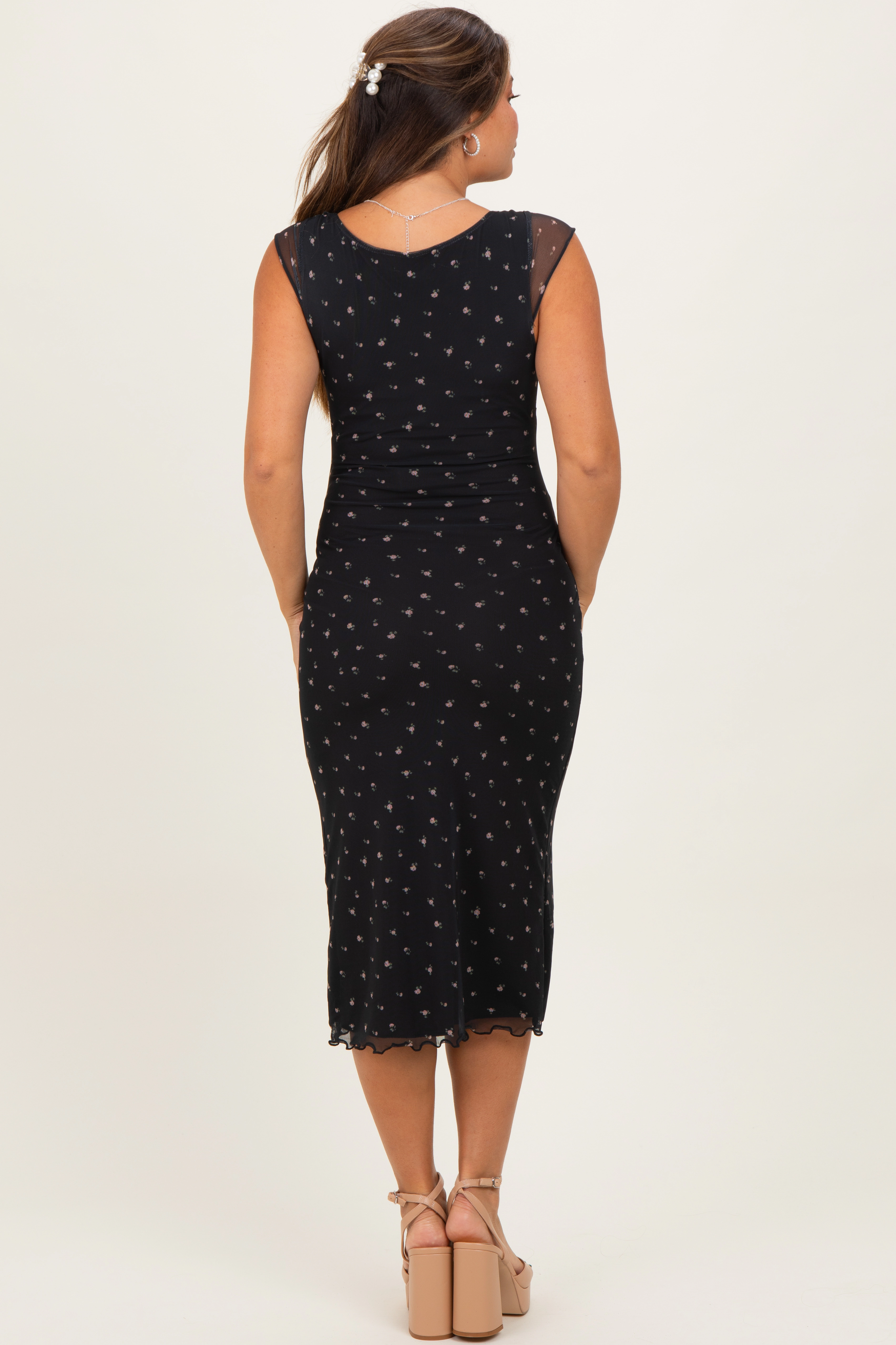 PinkBlush Womens Black Floral Mesh Front Tie Cutout Maternity Midi Dress