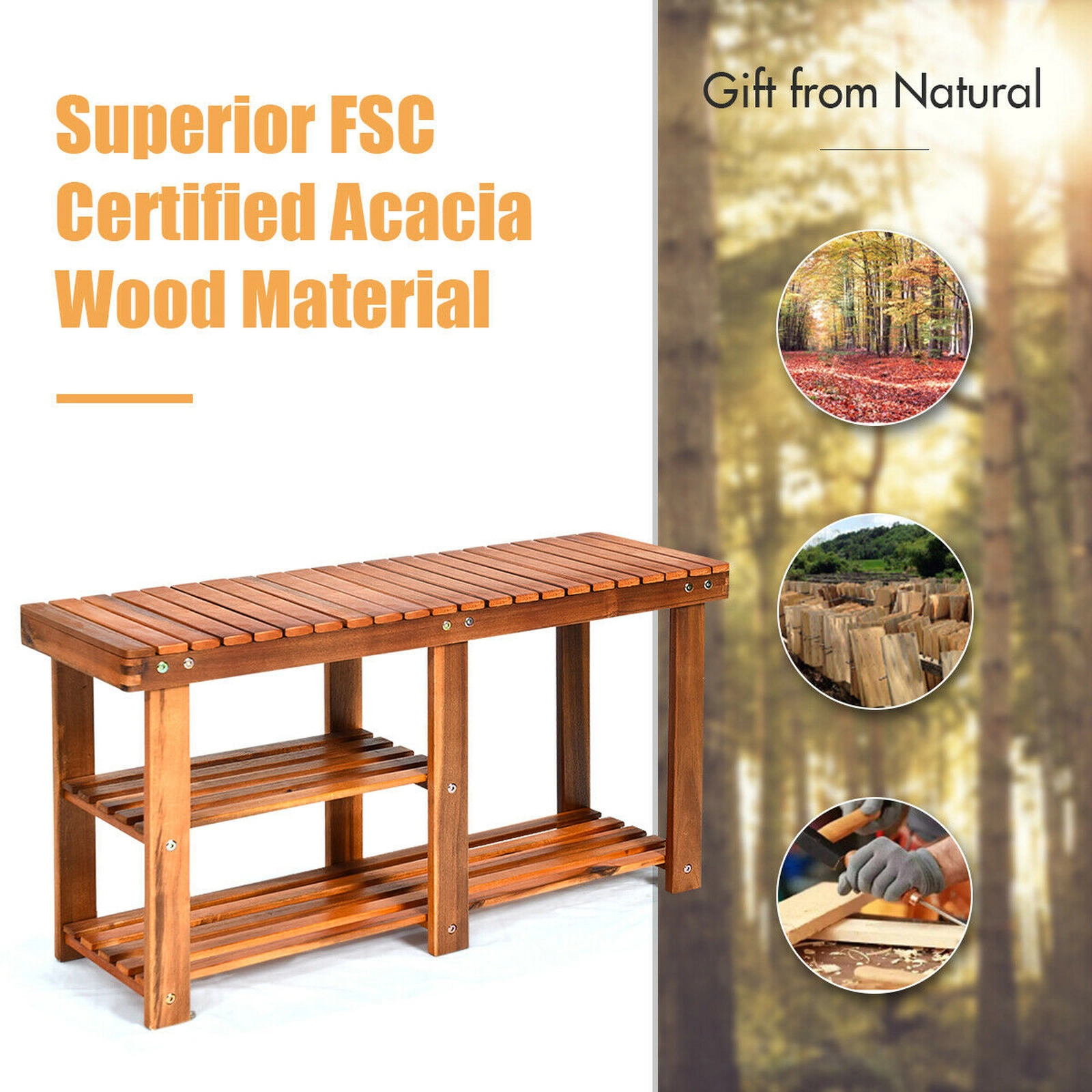 SUGIFT 3-Tier Teak 34-in 350-lb Capacity Freestanding Acacia Wood Shoe Storage Bench with Seat