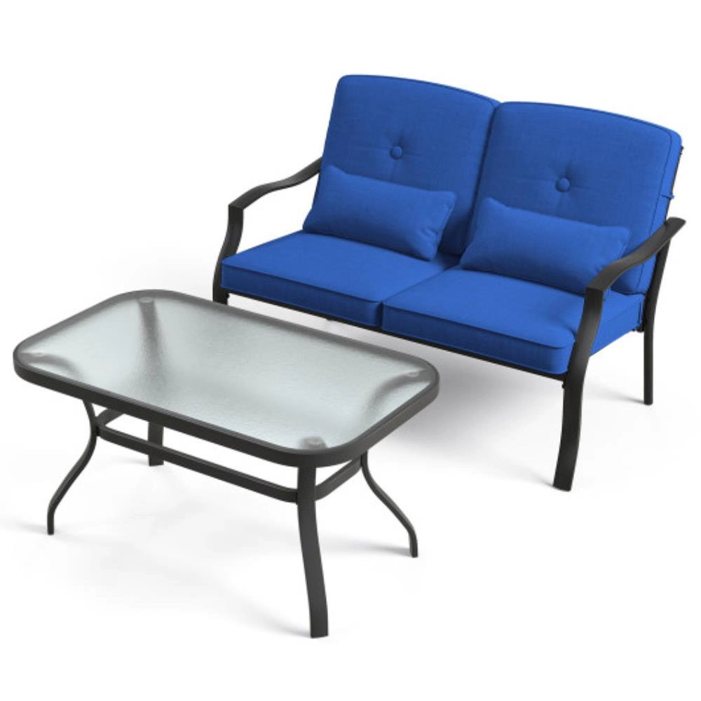 Hivvago Outdoor Loveseat Chair Set With Coffee Table And Seat Back Cushions-Navy
