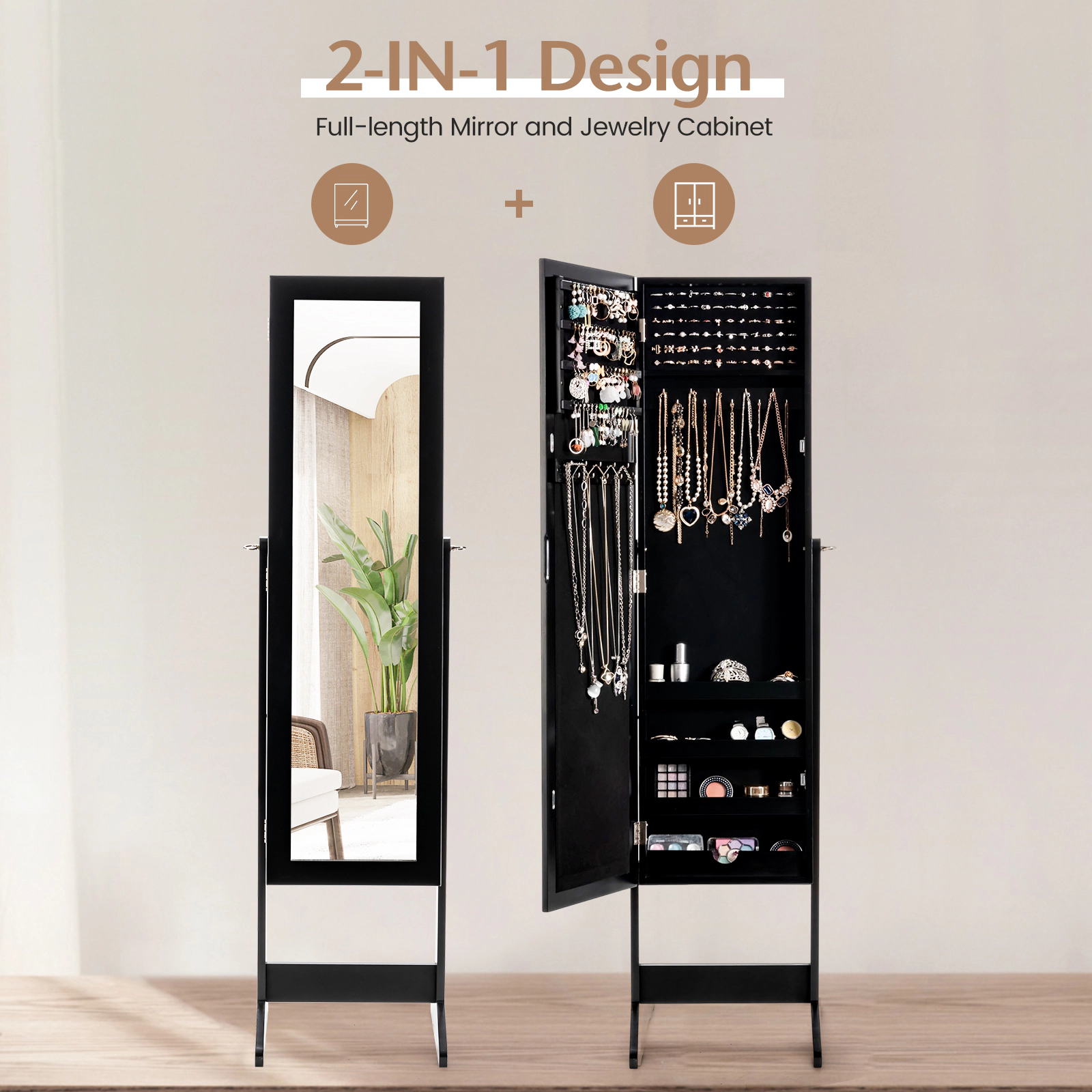 SUGIFT Mirrored Standing Jewelry Cabinet 56 Armoire with Full Length Glass Mirror