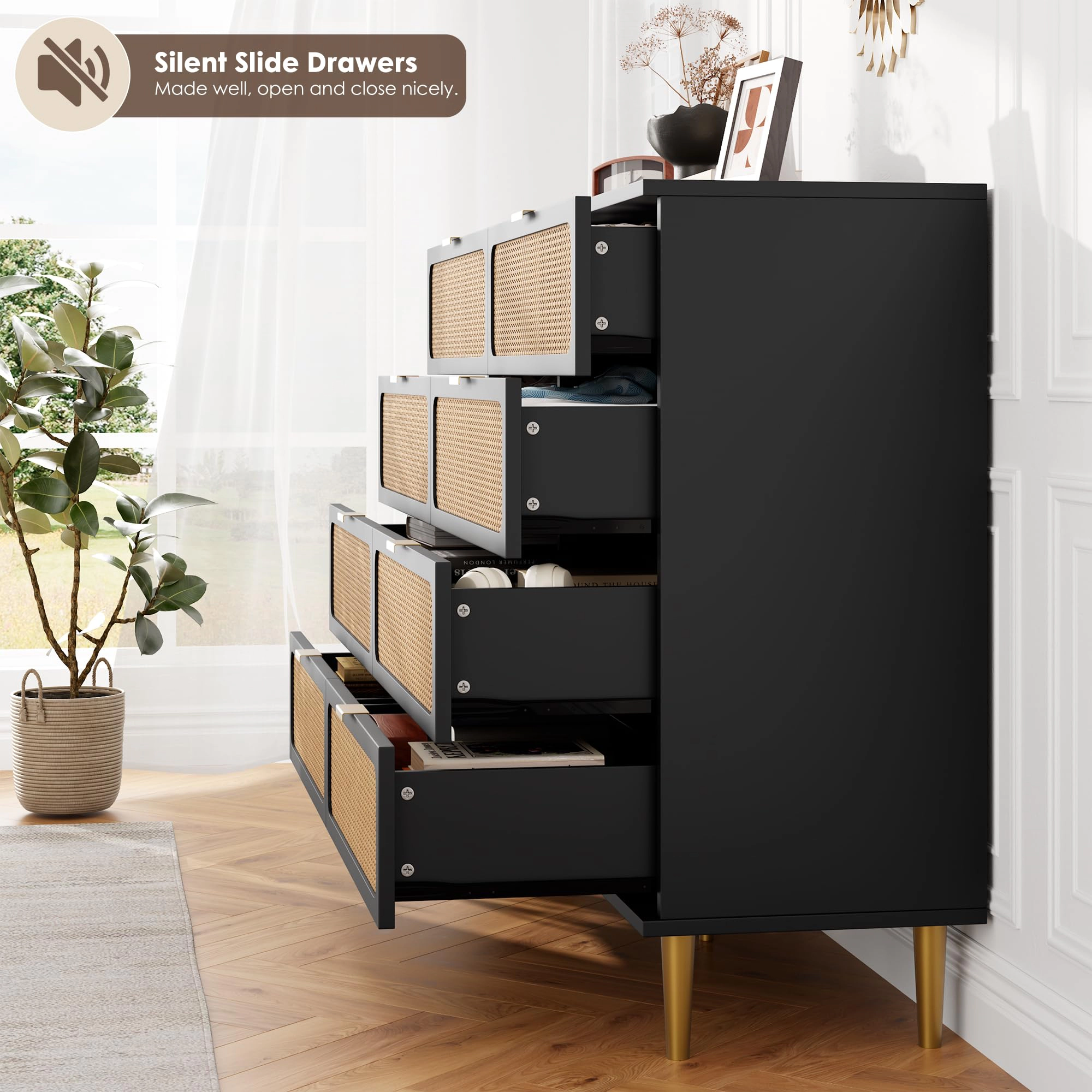 8 Drawer Rattan Dresser, Wooden Chest with Deep Drawers & Wide Top for Bedroom Living Room Hallway