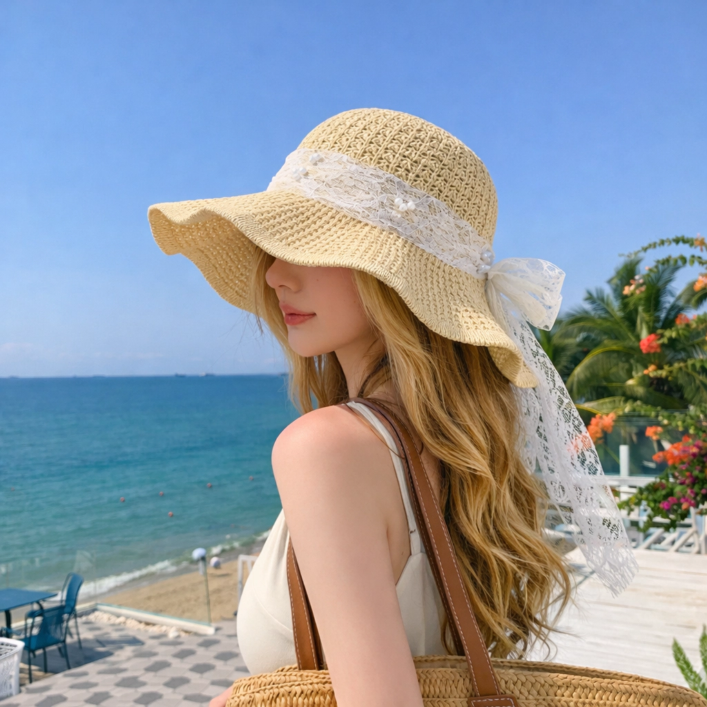 Anna-Kaci Women's Wide Brim Straw Sun Hat with Lace Bow Ribbon Pearl Decoration Summer Beach Protection Floppy