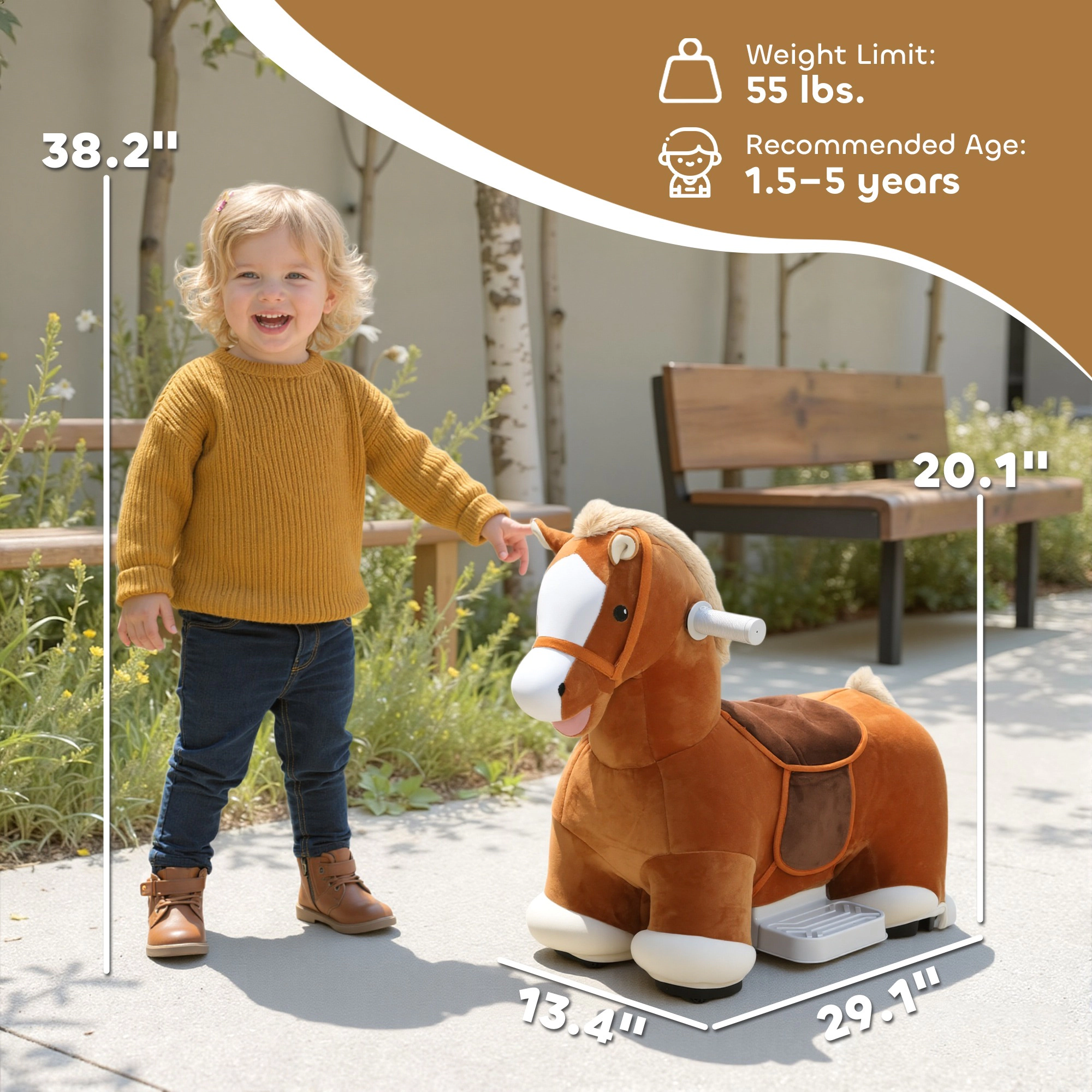 HONGGE 6V Kids Ride-On Pony Toy with Foot Pedal, Music, Washable Cover, Brown, Ages 18 Months-5 Years