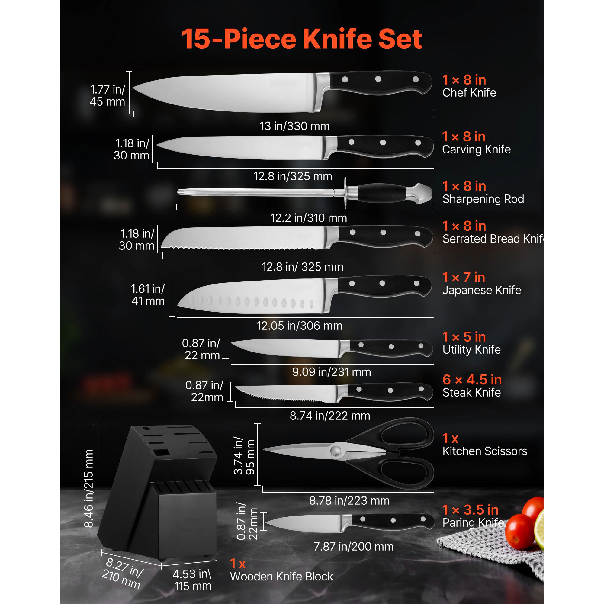 HONGGE Kitchen Knife Set with and Carbon Stainless Steel Cutlery Handle