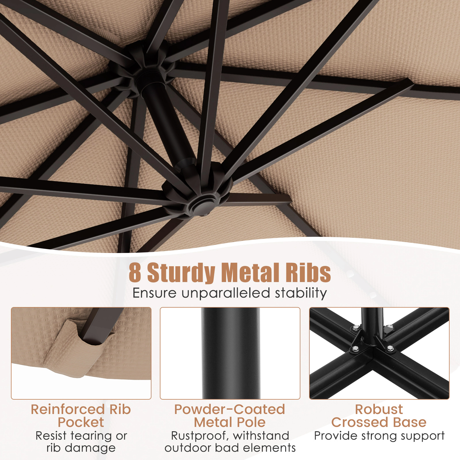 SUGIFT 10-ft Tan Solar LED Offset Patio Umbrella, 40 Lights, Crank Lift, Cross Base