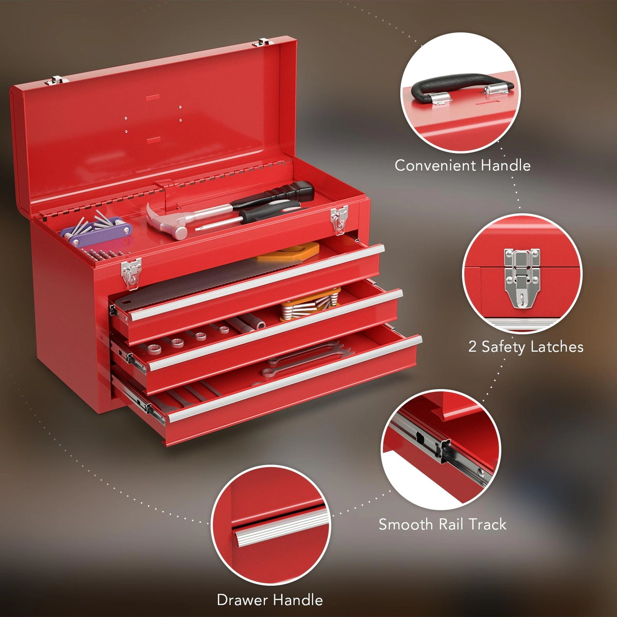 SUGIFT Garage Mechanic Tool Cabinet Box with 3 Drawers 22-lb Drawer Capacity 20.5-in Wide Top Tray Locking Lid Red