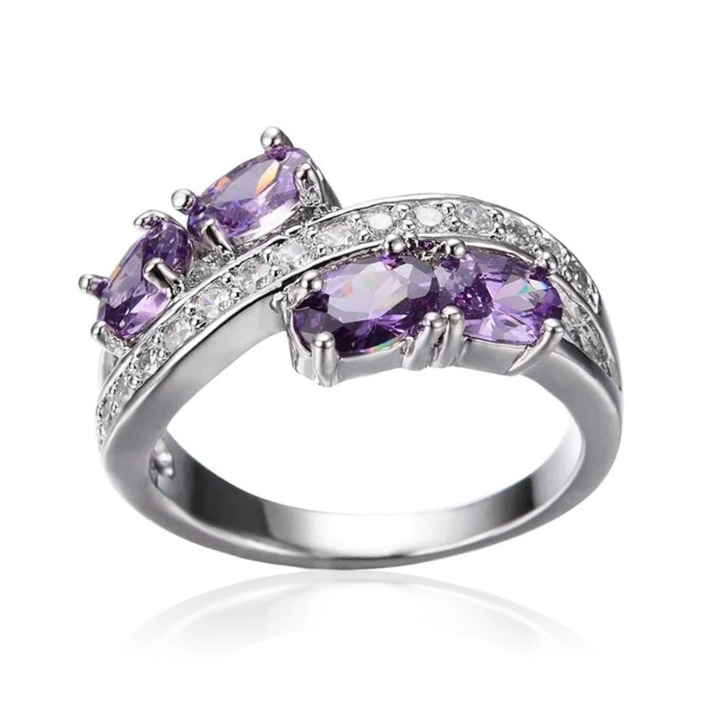 White Gold Plated Purple Cubic Zirconia Statement Ring