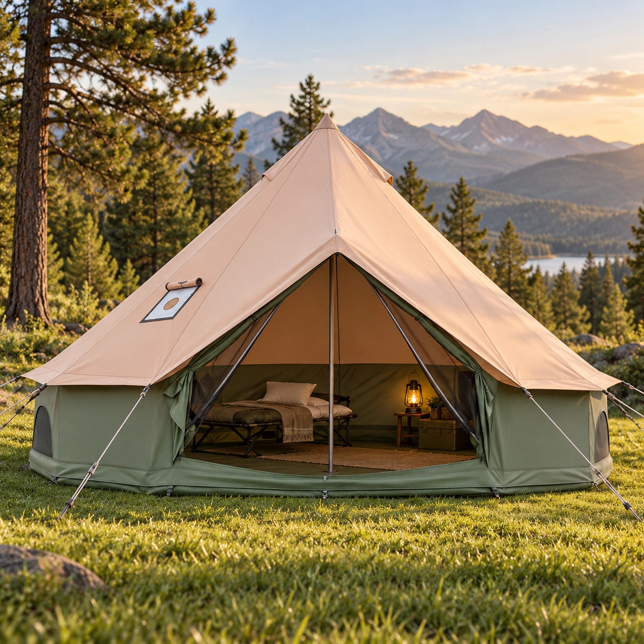 SUGIFT 2-4 Person Green Bell Tent with Stove Jack Mesh Windows and Splash-Proof Zippers 10-ft Dia 6.5-ft H