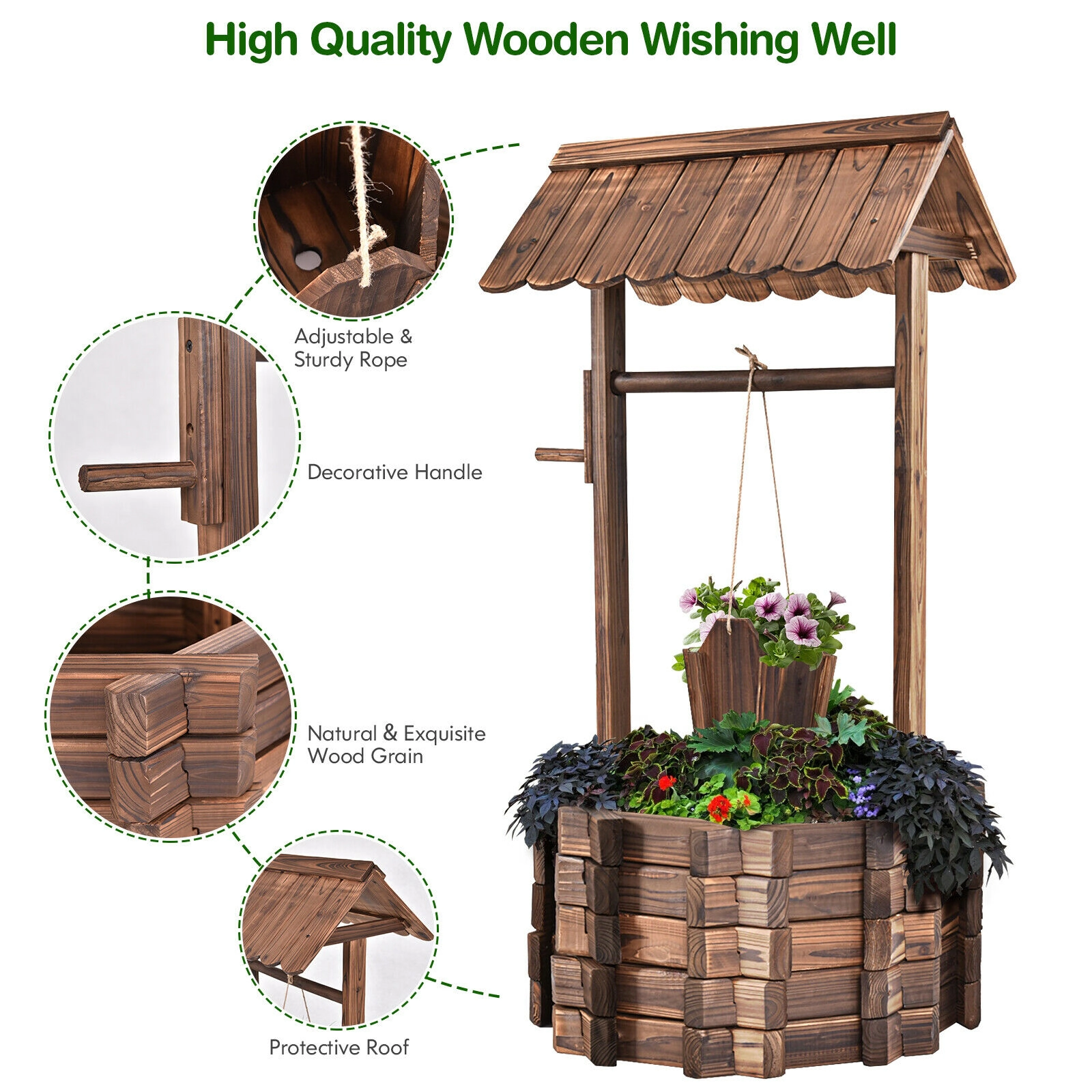 SUGIFT 47-in Tall Rustic Fir Wood Wishing Well Planter with Hanging Bucket Top Hut and 37.8-in Rope