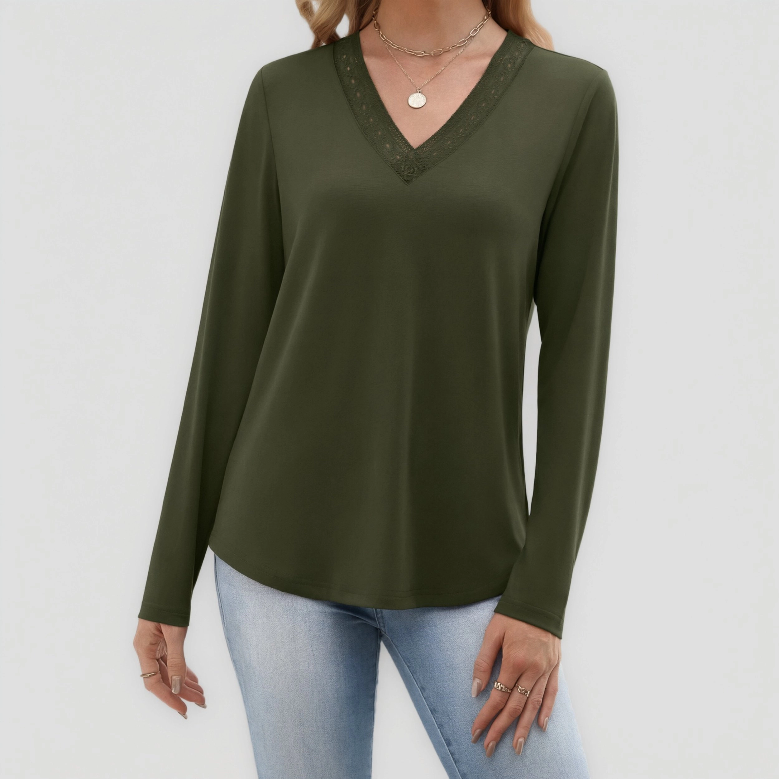 Zeagoo Women's Eyelet Lace Trim V Neck Long Sleeve T-shirt