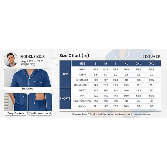 Ekouaer Mens Pajamas Set Summer Short Sleeve Button Up Pjs 2 Piece Sleepwear with Pockets