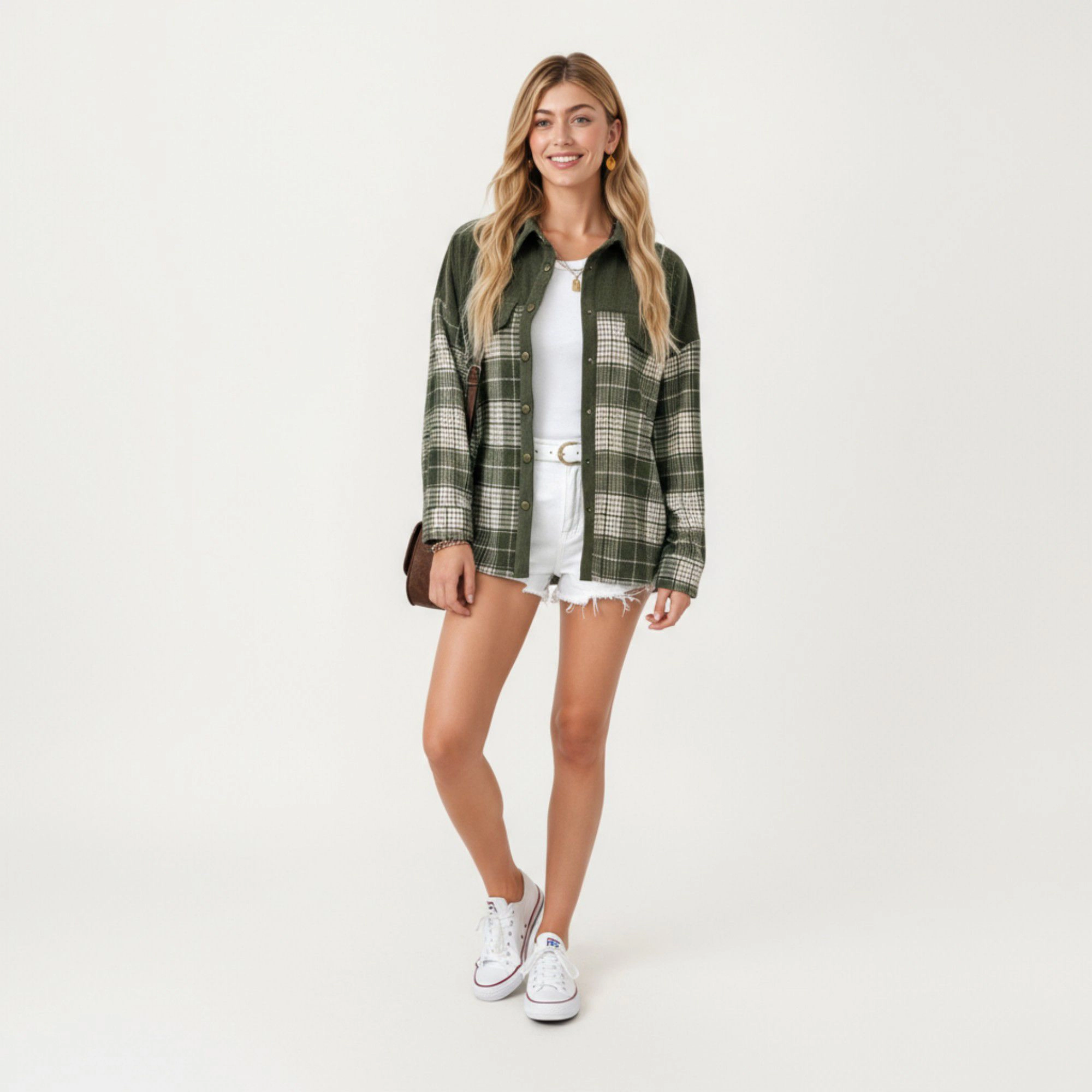 Anna-Kaci Women's Plaid Button Down Shirt Jacket with Chest Pocket Soft Textured Woven Fabric Relaxed Long Sleeve