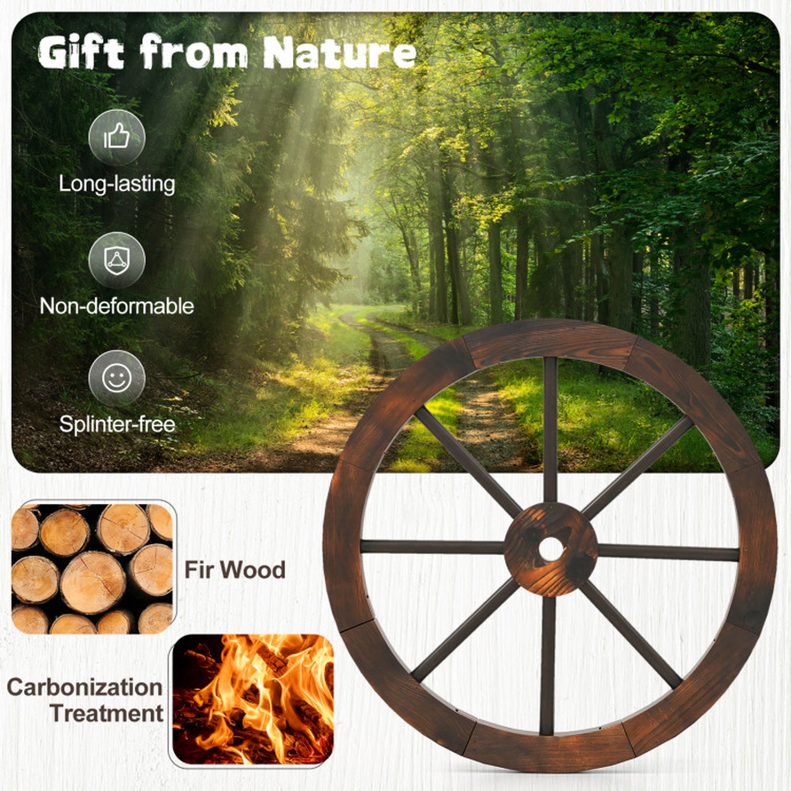 SUGIFT Retro-Inspired Decorative Wooden Wagon Wheel Set of 2 Yard Art 24-in Diameter Carbonized Fir Wood Rustic Brown
