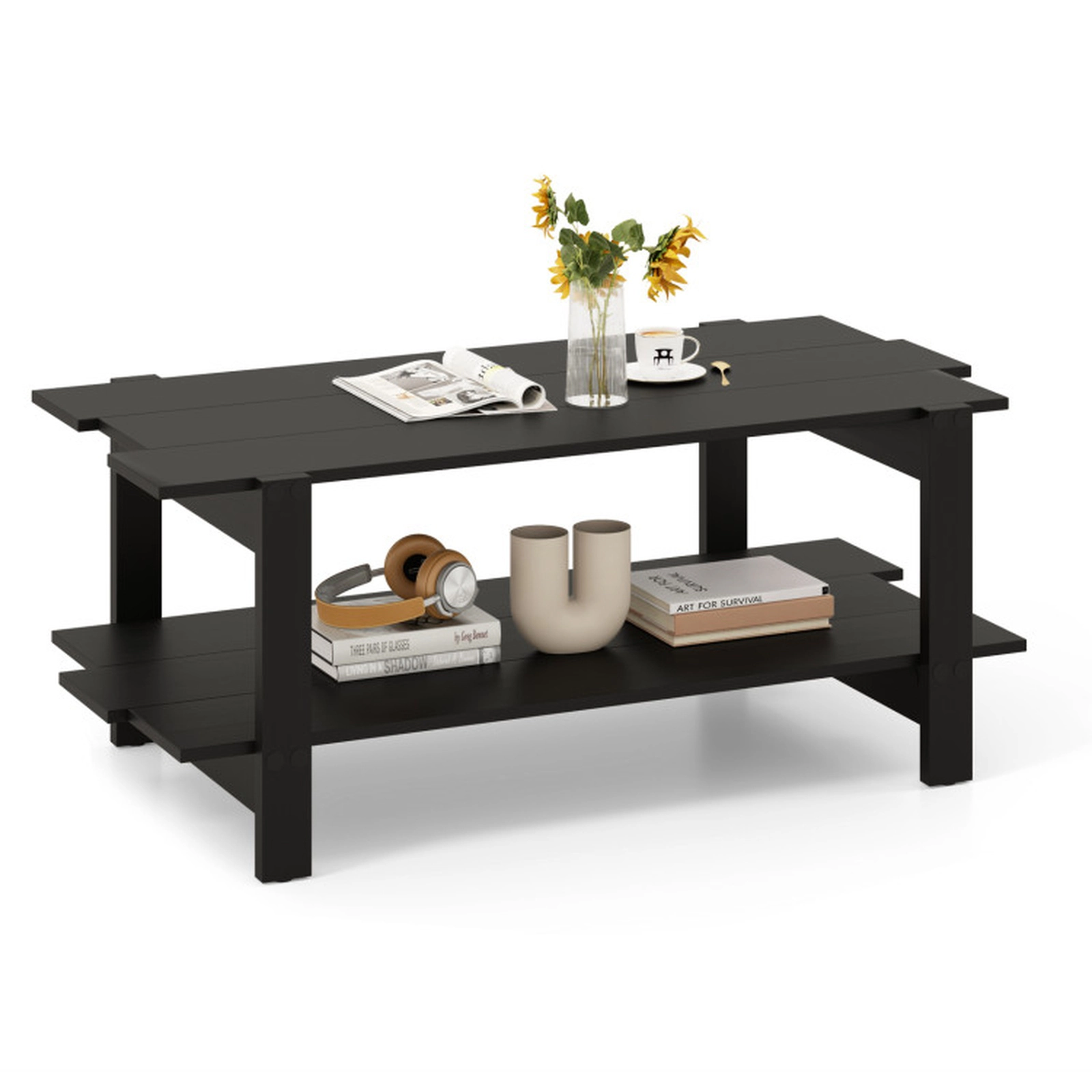 SUGIFT 2-Tier Slatted Wood Hidden Crossbar Open Storage Coffee Table 45-in x 23.5-in x 18.5-in 135-lb per Shelf Black