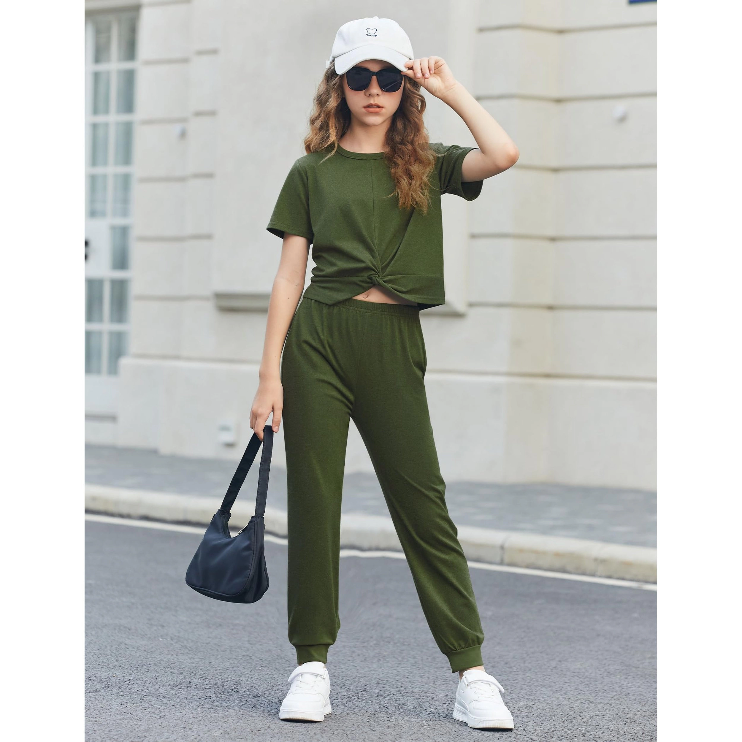 Arshiner Girls 9-Piece Twist Front Short Sleeve Crop Top Jogger Tracksuit Outfit Set